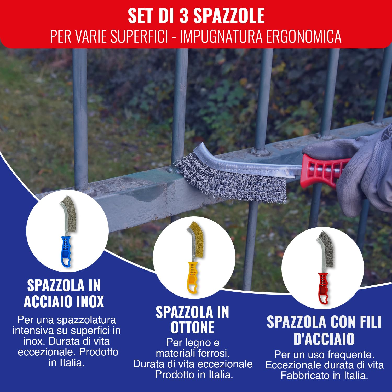 TIVOLY - Set di 3 spazzole manuali - Spazzole metalliche in acciaio, ottone e acciaio inox - Impugnature ergonomiche