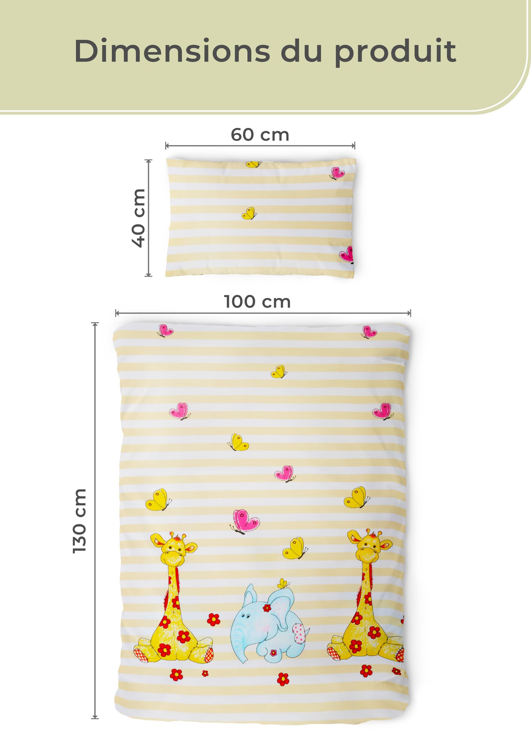 Gräfenstayn Parure de Lit Enfant Bébé 2 Pièces - 100% Coton Motif Animal Girafe Éléphant - Housse Couette 135x100 Taie 60x40 - Oeko-Tex Fermeture Éclair