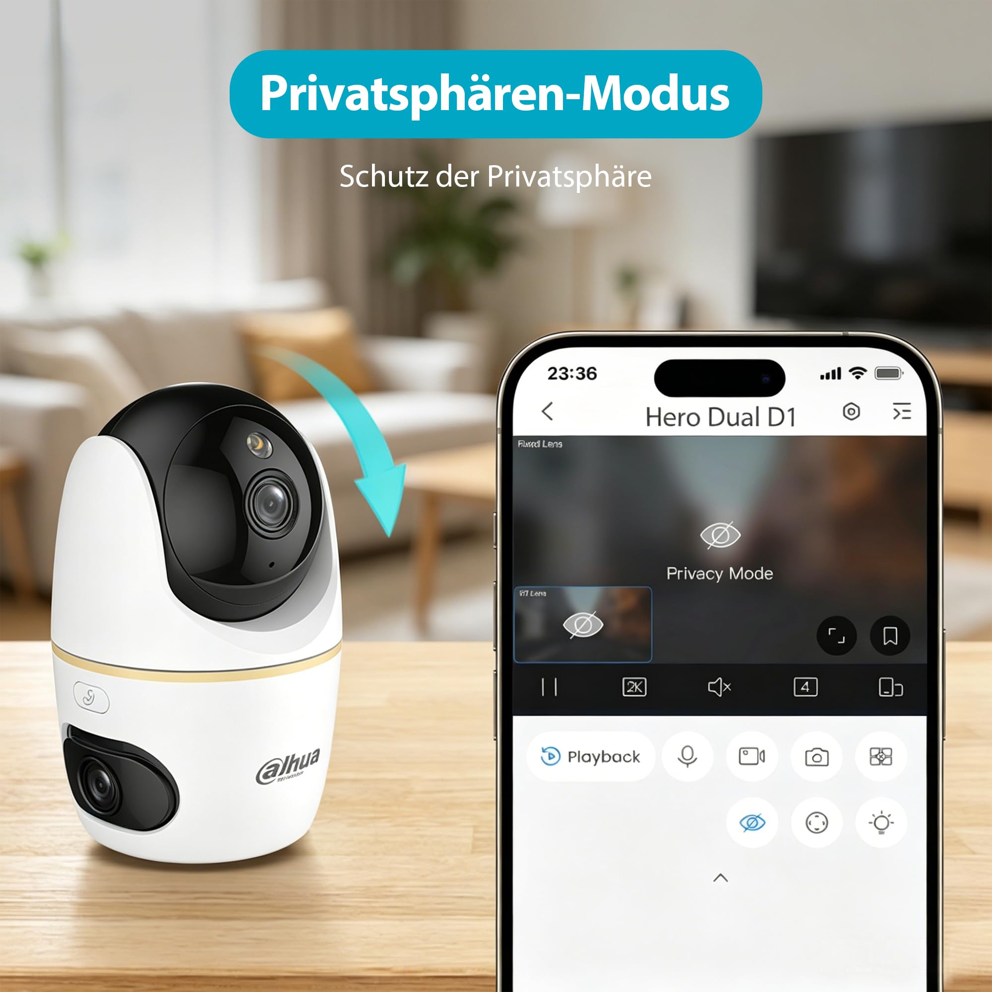 Dahua Dual-Lens Pan Tilt Innenkamera 3+3MP, 2.4/5GHz WLAN, KI Personen-/Tiererkennung, Farbnachtsicht, Automatische Verfolgung, 2-Wege-Audio + Sirene, Privat-Modus, H3D，Baby & Haustier