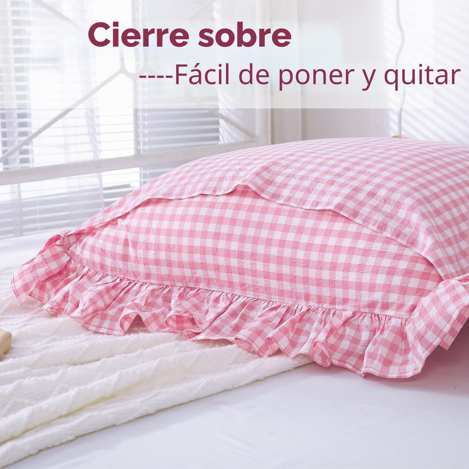 Paquete de 2 Fundas de Almohada Europeas con Volantes a Cuadros Rosa de 26 x 26 Pulgadas, algodón Lavado a Cuadros Rosa y Blanco, Fundas de Almohada para Cama/sofá (26 x 26 Pulgadas | 100% algodón lavado, fundas de almohada decorativas a cuadros con volan