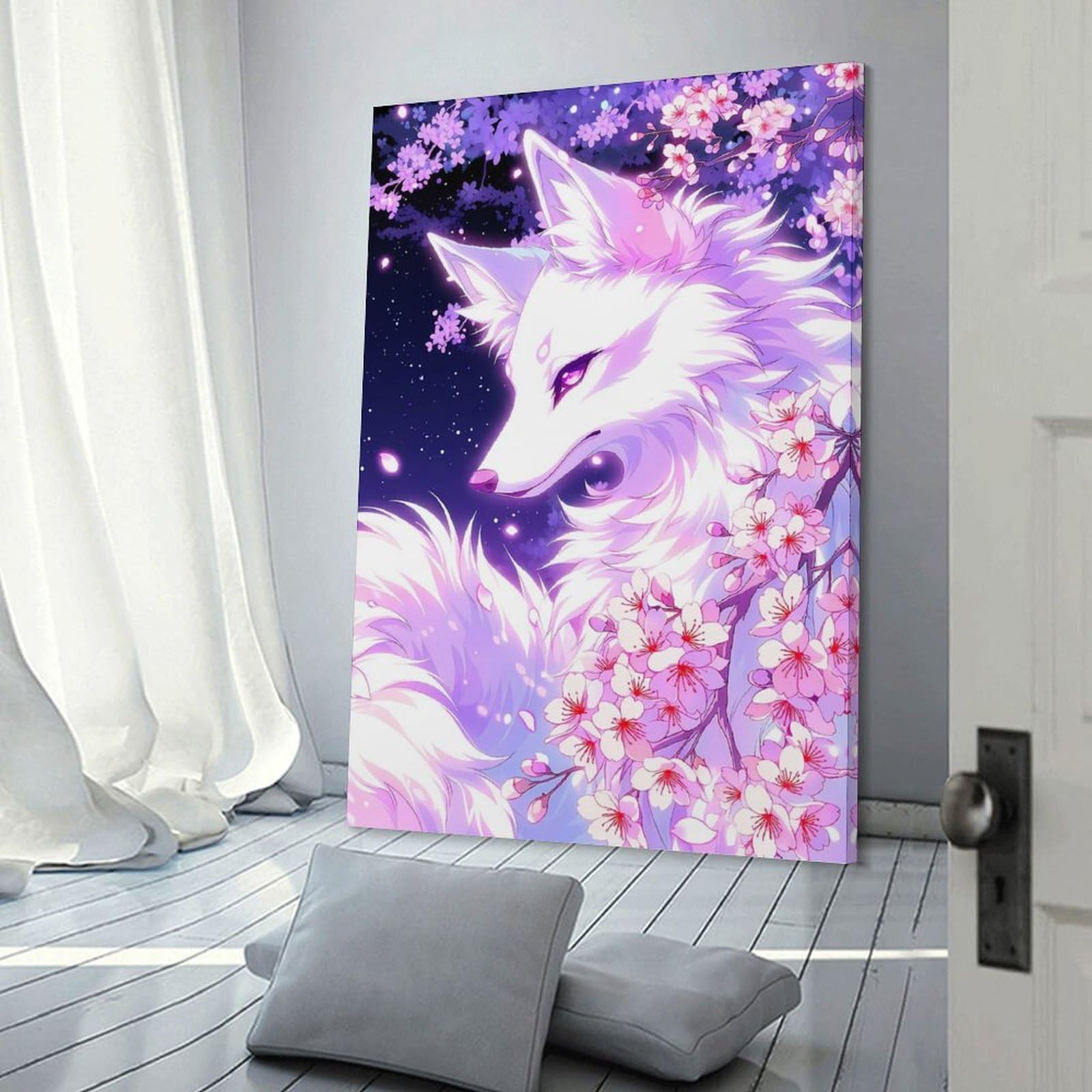 Junmoney Frame-Style-24 Decorative Wall Artwork White Fox With Cherry Blossoms, 24X36inch(60X90cm), For New Homes, Bedrooms Or Workspaces, Canvas Artwork With Gifting Potential