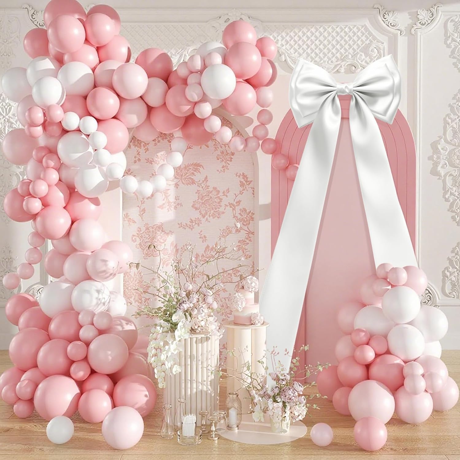Giant Bow Decoration, 83x20 Inches Big Bow for Backdrop with Back Ribbon, Satin Large Bows for Decoration, Coquette Bows Decor for Birthday Party Room Wedding Baby Shower Church Nursery (White)