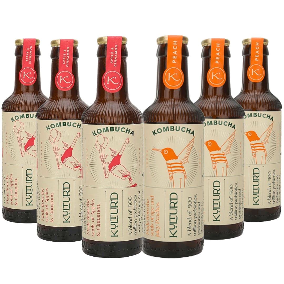 Kultur'd Kombucha - Peach, Apple Cinnamon Pack of 6 | Fermented, All natural, Gut Healthy Drink | 6 x 220ml | Vegan, Preservative free, Low calorie, Low sugar