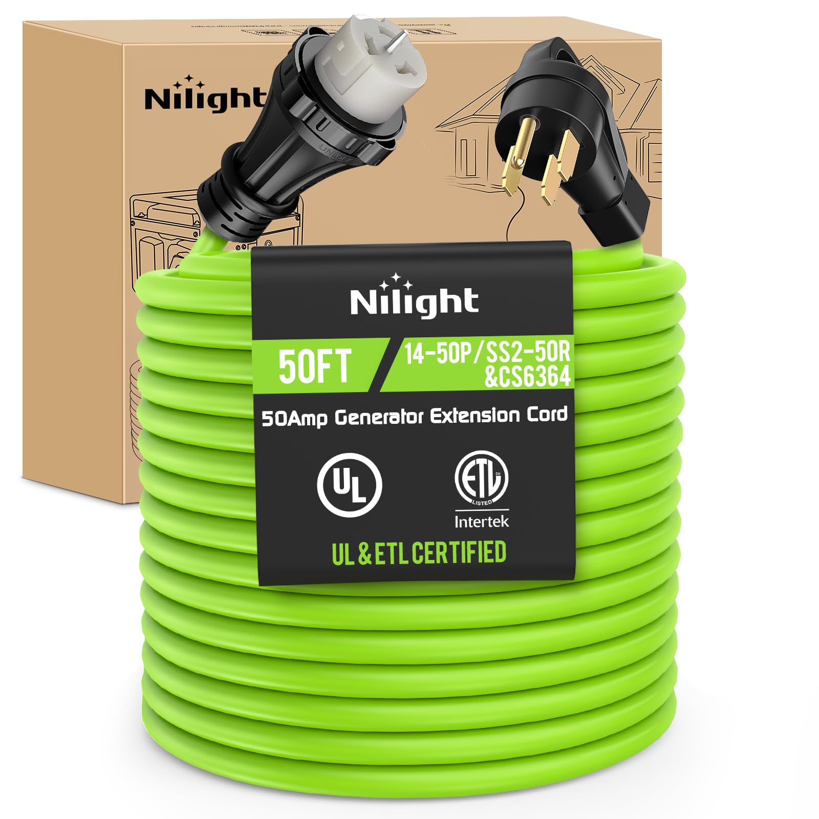 Nilight 50FT 50 Amp Generator Extension Cord 14-50P SS2-50R&amp;CS6364