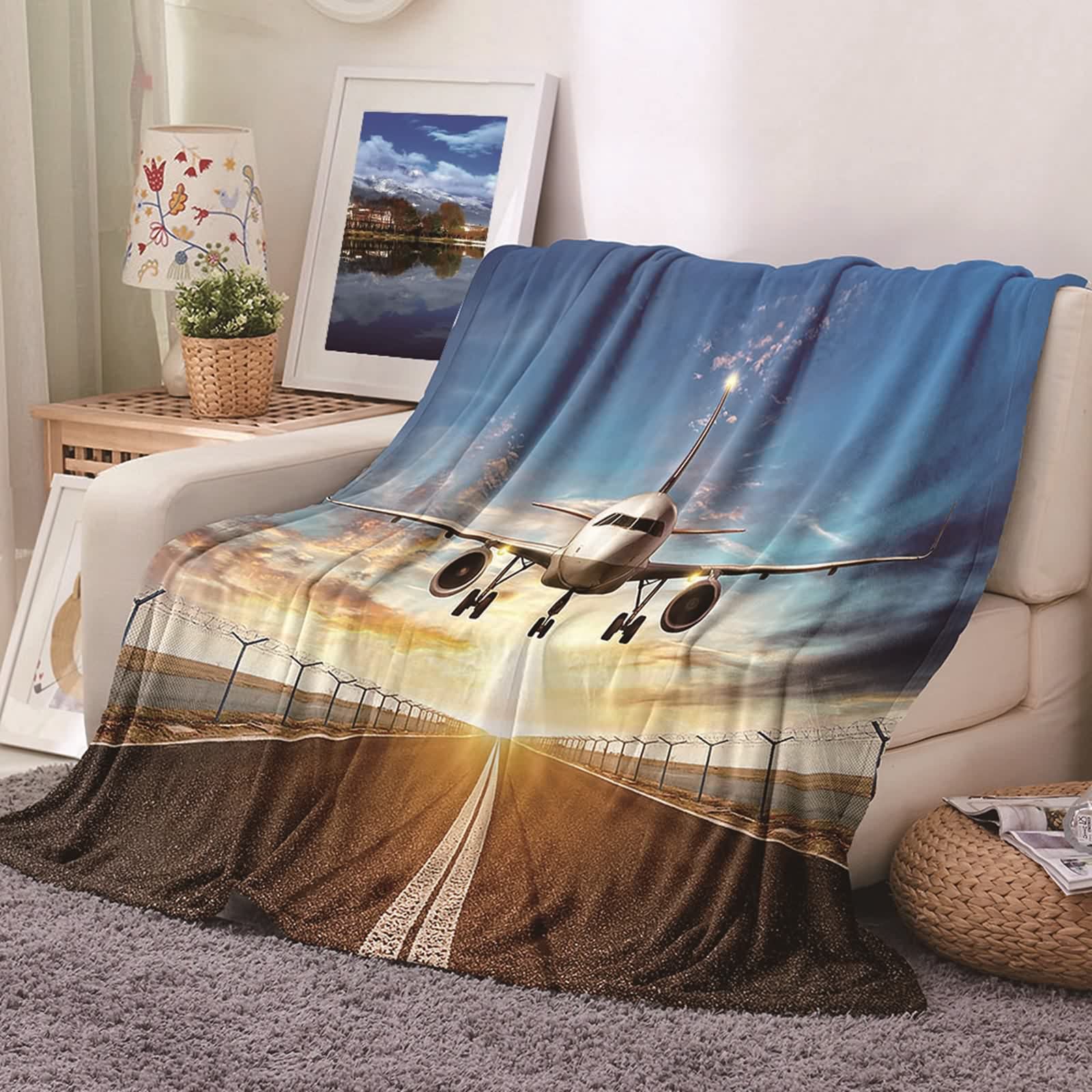 Couverture de lit flannel 180x220cm bleu motif avion de prestige