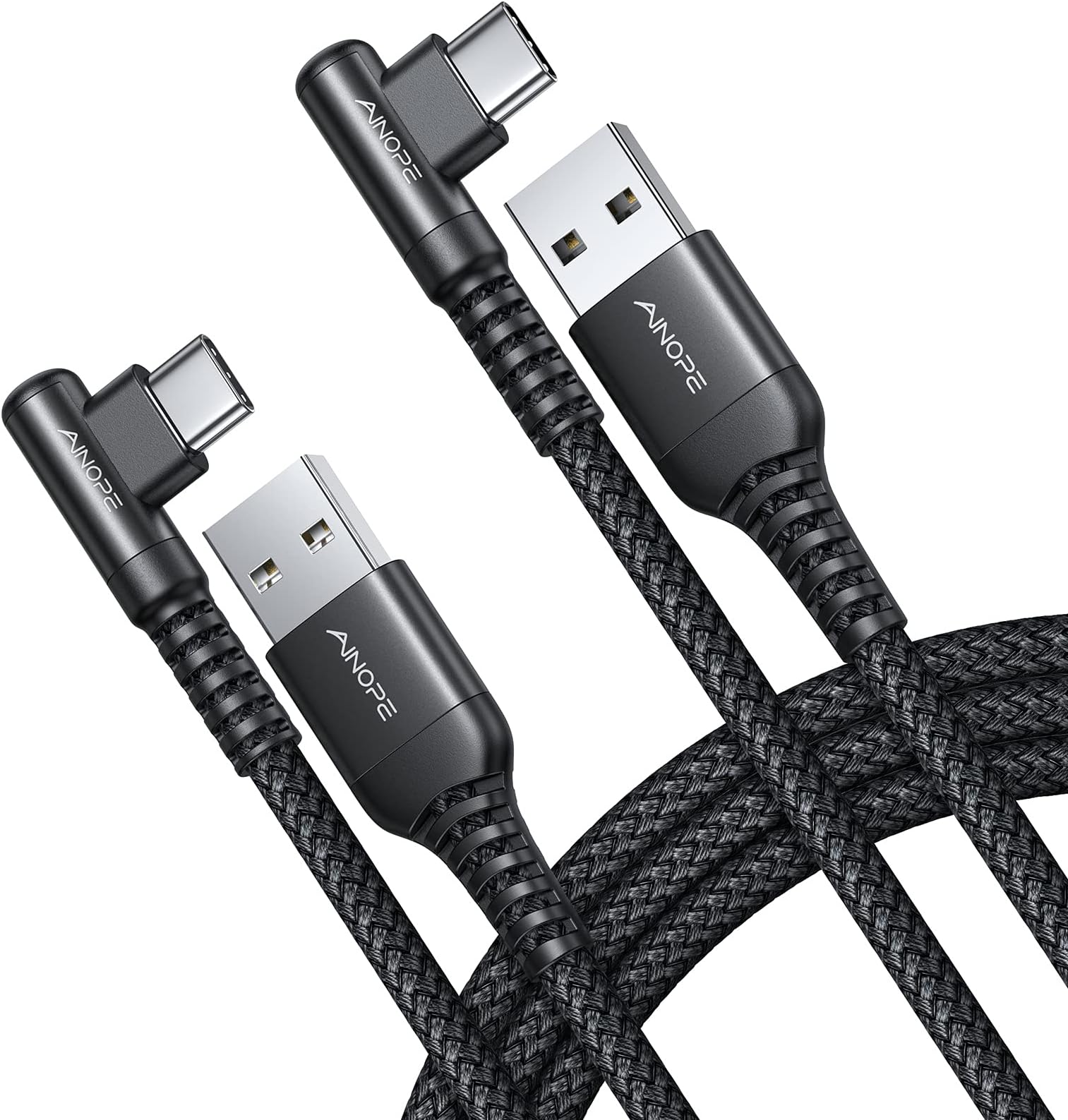 AINOPE USB C Cable Right Angle (2-Pack, 10ft+10ft) 3.1A Type C Charger Fast Charging, Resistant Nylon Braided USB A to USB C Charger Cable (Black)