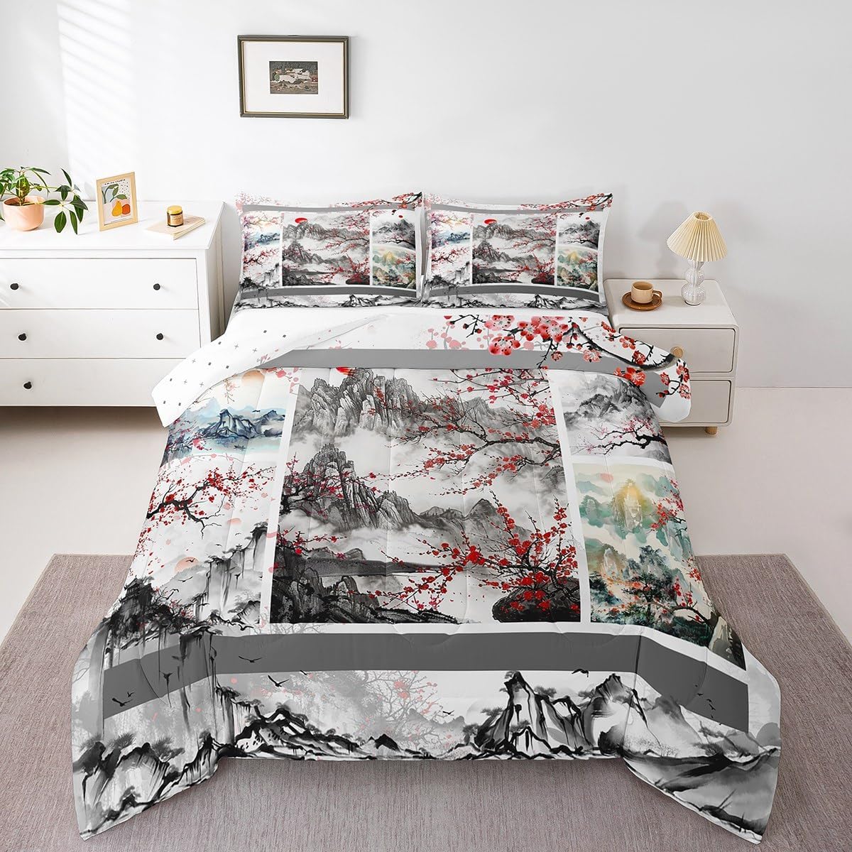 Feelyou Kids Japanese Geishas Comforter Set Full Size Boys Girls Cherry Blossoms Comforter Japanese Style Bedding Set Japanese Tradition Aesthetic Quilt Set