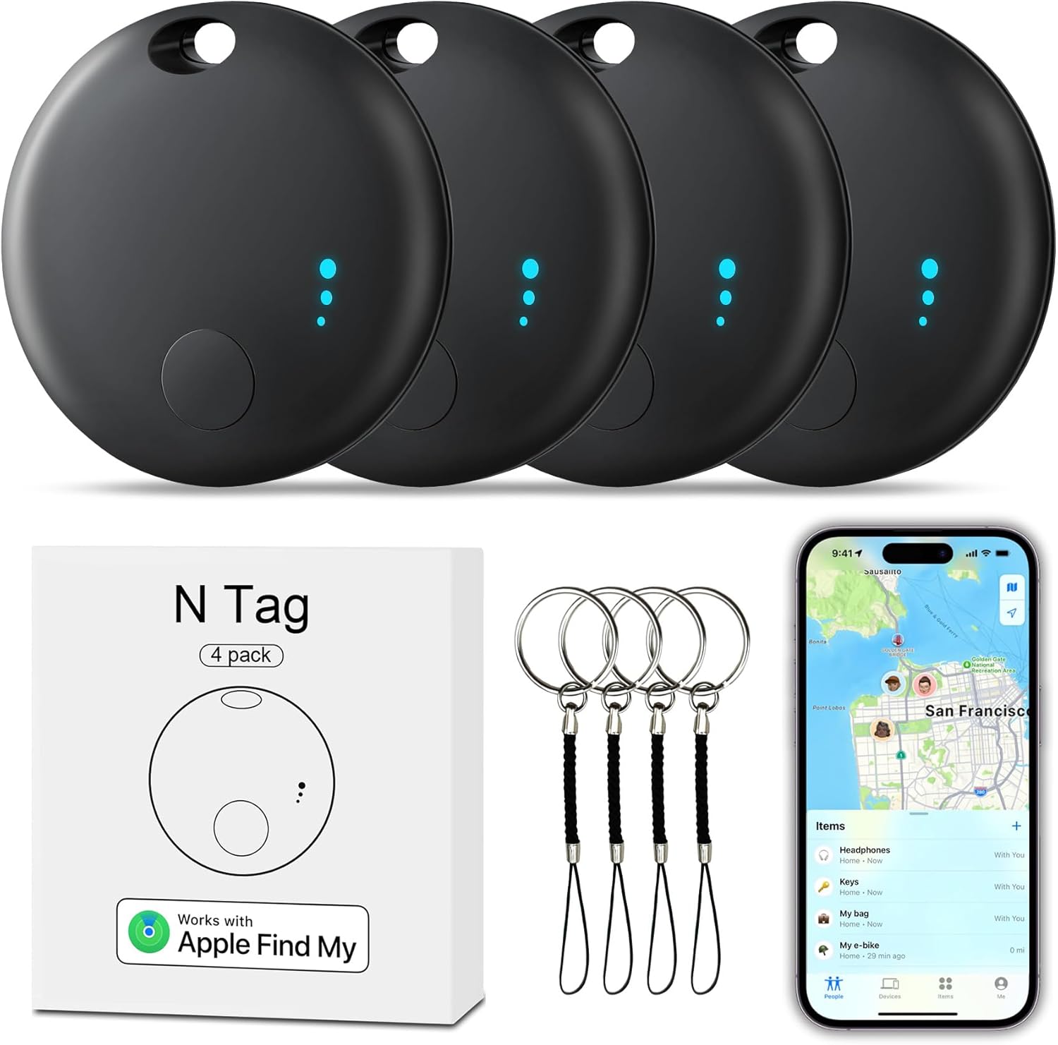 Tracker Tag 4 Packs Bluetooth Tracker, Smart Tag Locator Tracking Device, Keys Finder and Item Locator,Air Tracker Item Finders with Find My(iOS Only) Track Your Keys,Wallet,Luggage (Black)