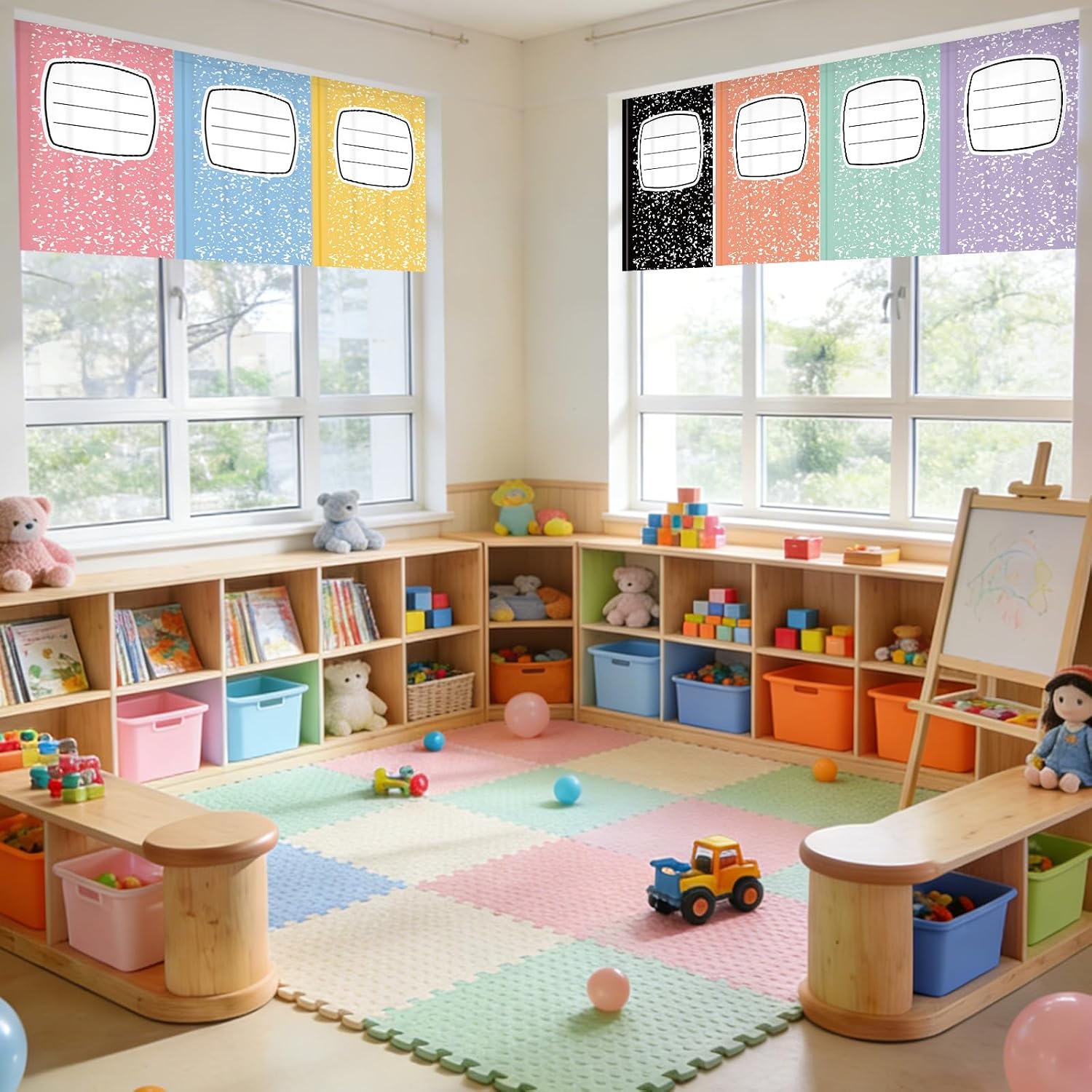JarThenaAMCS 7Pcs Back to School Classroom Curtains Colorful Composition Notebook Window Treatments for Kindergarten Daycare Primary Bedroom Playroom Decor
