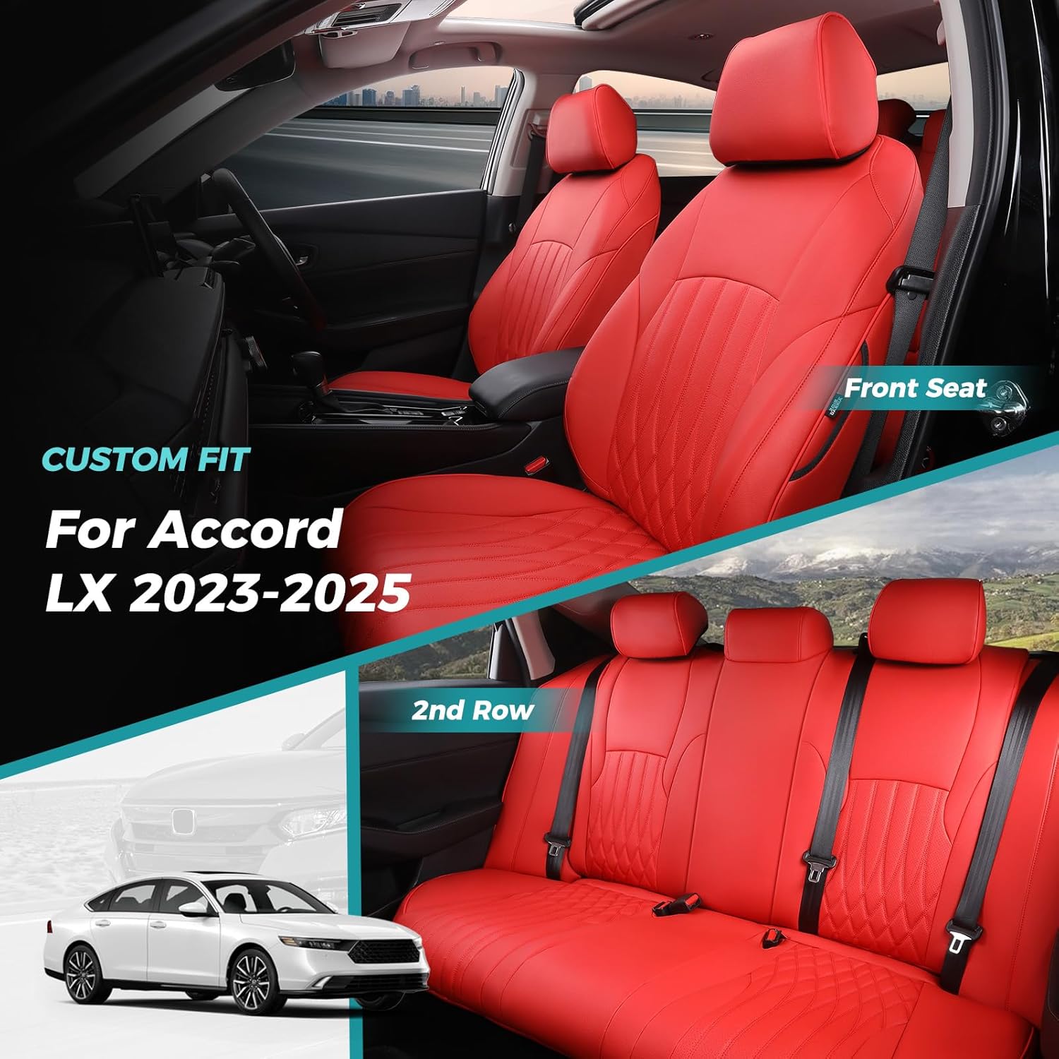 custom for honda accord seat covers 2023 2024 2025 lx, faux leather car seats cover full set (rear row w/40/60 split backrest)-red red 2023-2025 lx (rear row w/solid folding backrest)
