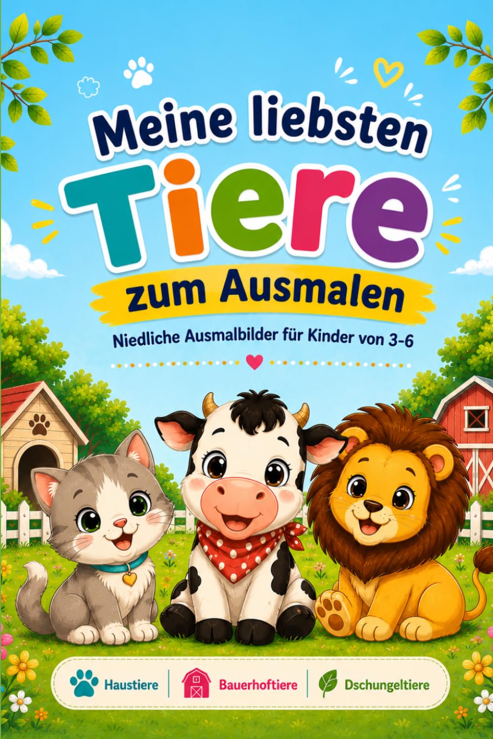 Meine liebsten Tiere zum Ausmalen: Über 30 einfache niedliche Ausmalbilder für Kinder ab 3 Jahren – Haustiere, Bauernhoftiere & Dschungeltiere