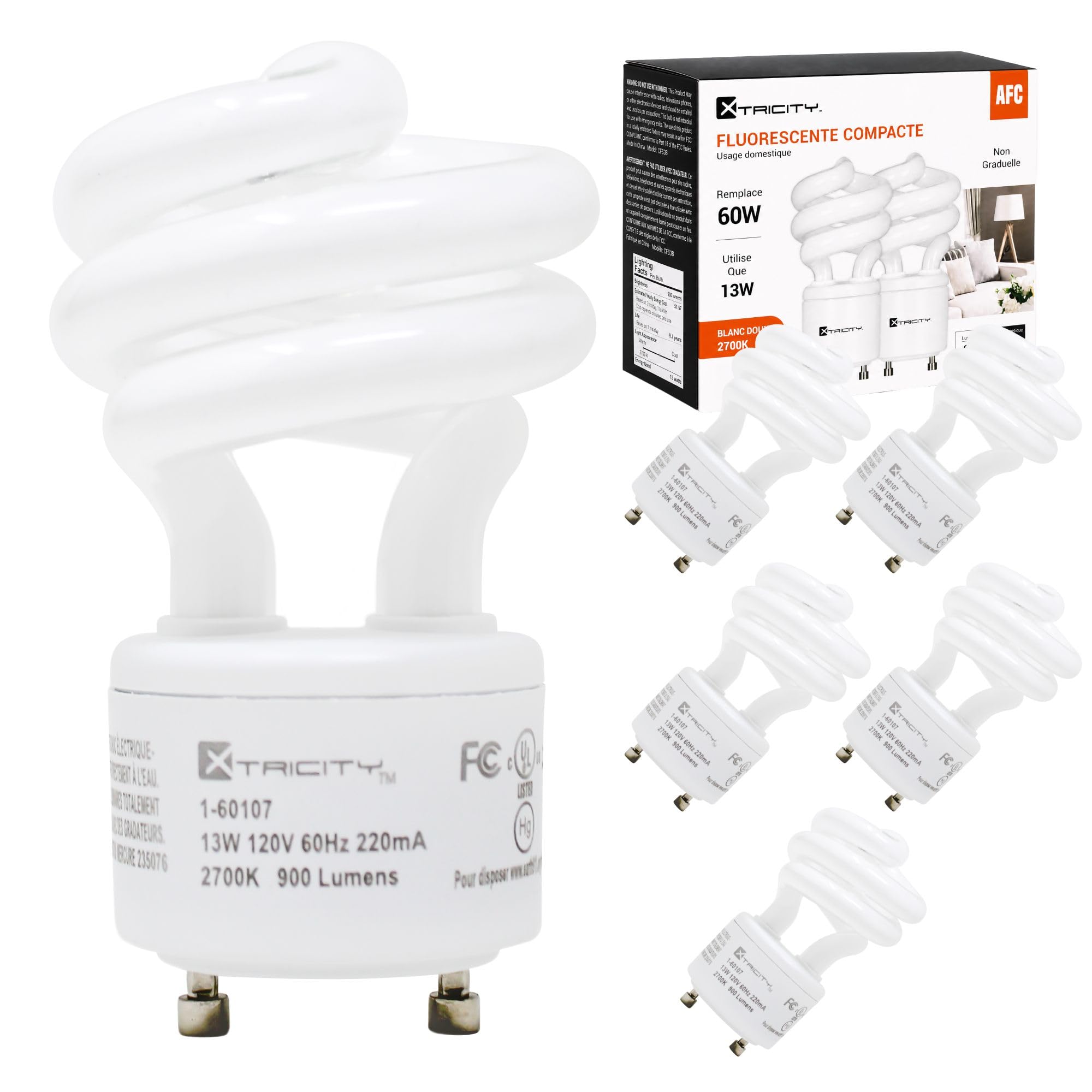Xtricity Compact Fluorescent GU24 2 Prong Light Bulb Base, T2 Mini Spiral, 13W (60 Watt Equivalent), 2700k Soft White, 900 Lumens, CFL, 120V, UL Listed (6 Pack)