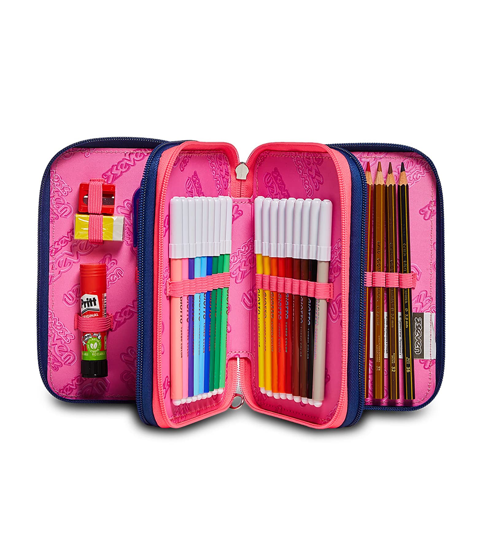 Astuccio Scuola Seven 3 Scomparti - Rock on Girl Ragazza - Completo di Matite, Pennarelli - Blu