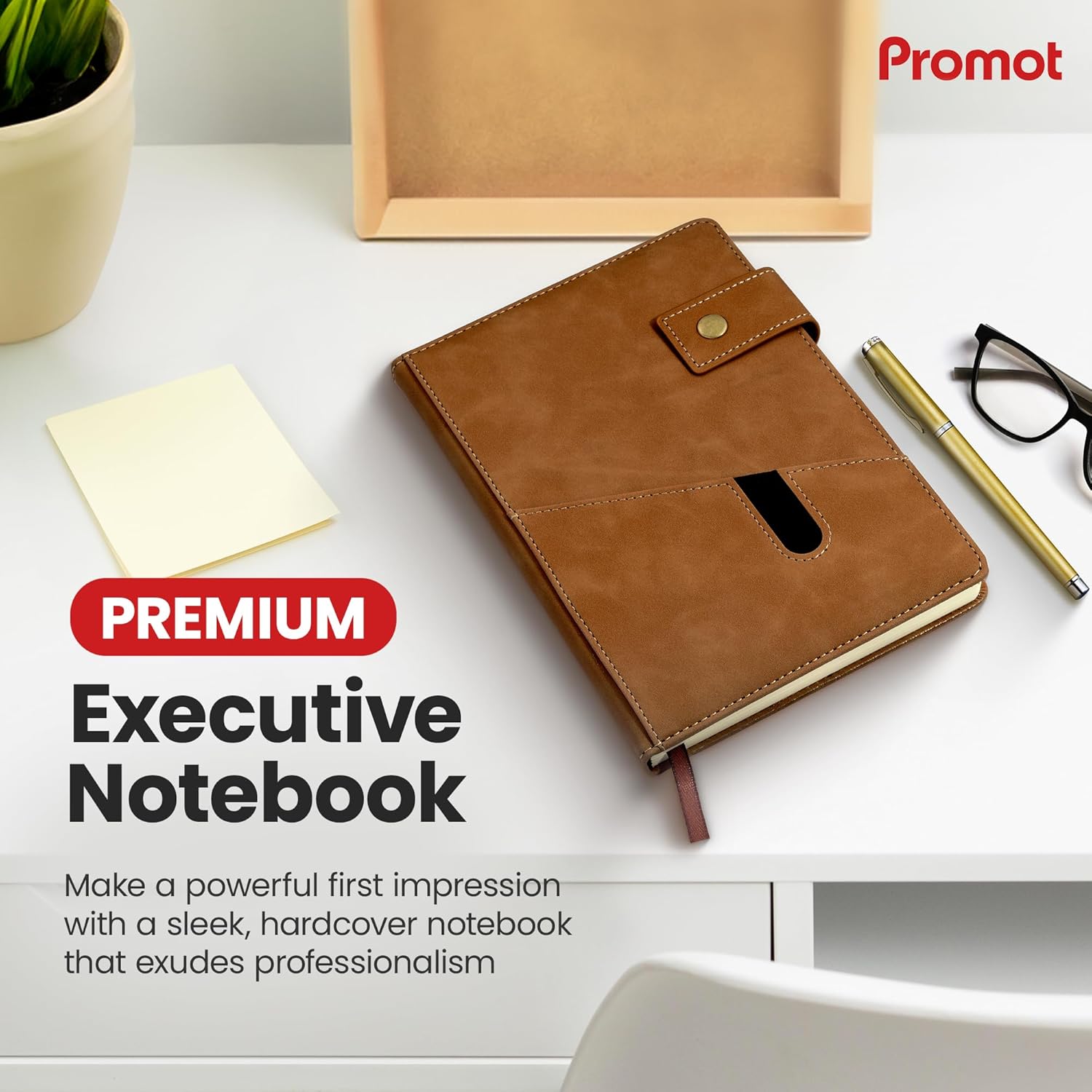 Promot PU Leather Notebook with Pen - A5 Lined Daily Journals for Writing Men Women, Executive Hardcover Notebook for Work, Travel Diary, Gift Idea, 200 Pages, Elastic Pocket, Bookmark, Strap, Brown - Image 2