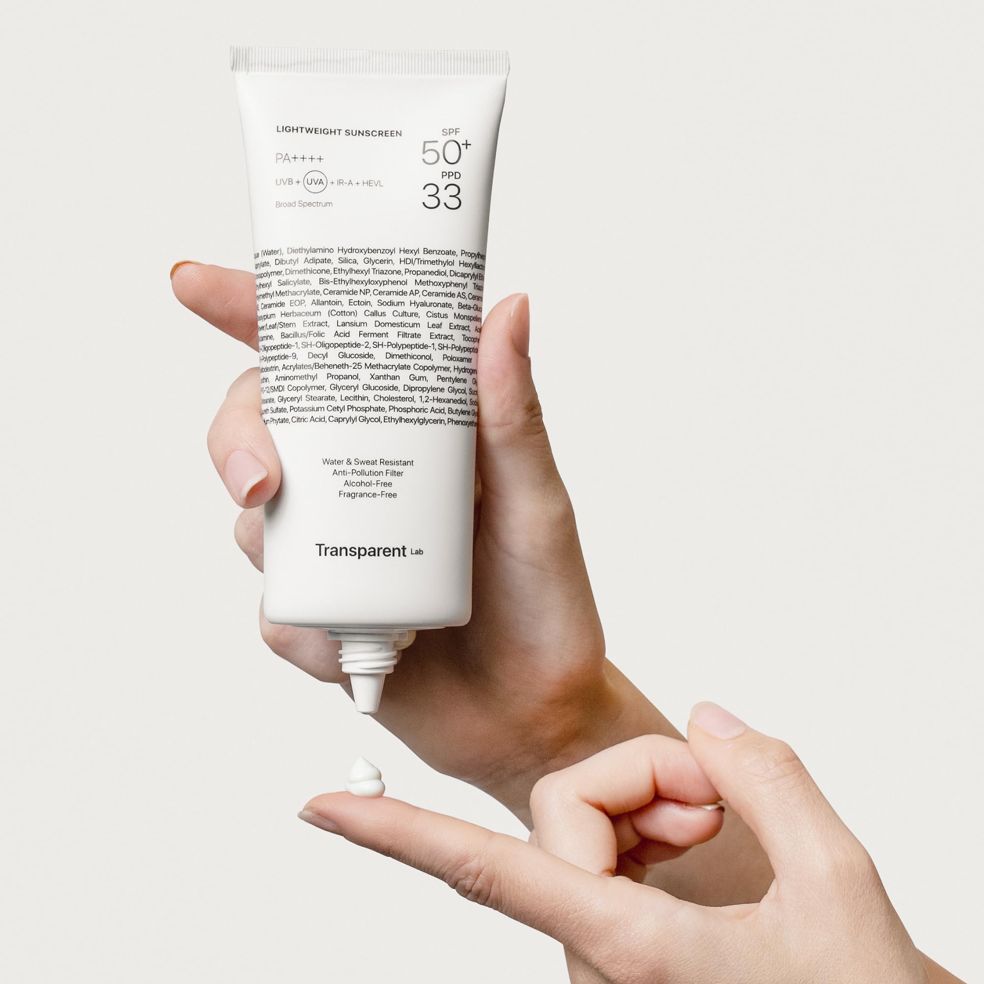 Transparent Lab Lightweight Sunscreen SPF50+ Facial Sunscreen 100ml – UVA/UVB/HEVL Protection, Lightweight Texture, Moisturizing, Anti-aging, No White Cast and Invisible Finish