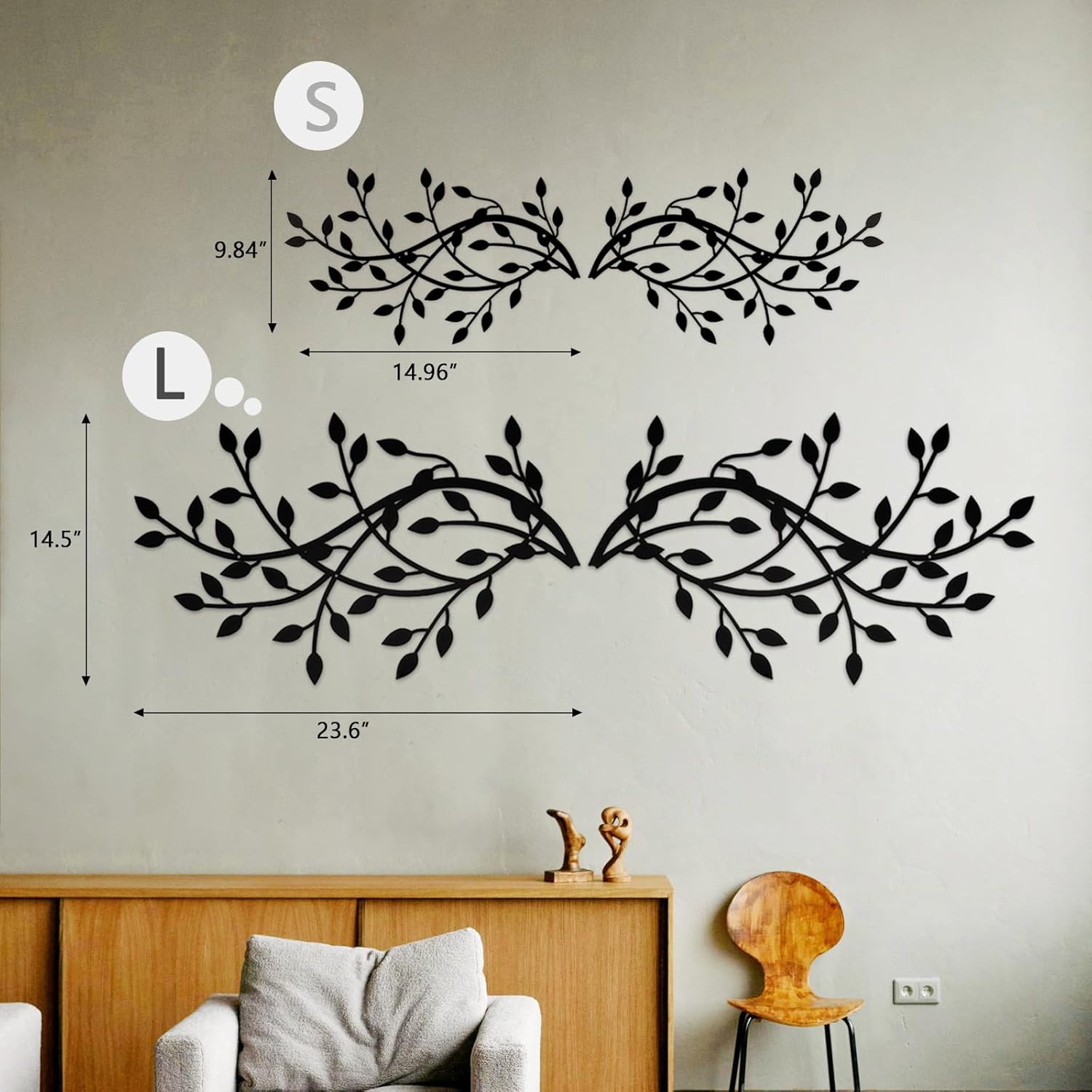 Meltset Metal Tree Leaf Wall Decor, Vine Olive Leaf Branch Wall Art, Black Metal Art, Wrought Iron Scroll Wall Decor, Decorative Wall Sculpture Above Bed, Living Room,Bathroom,Indoor Outdoor(L/Black)
