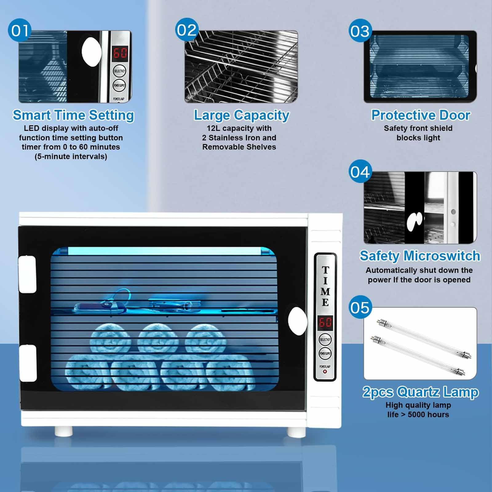 Desinfectante Doméstico De Gran Capacidad De 12 L, Con Temporizador (5-60 Min), Bandeja De 2 Capas, Pantalla LCD Fácil De Usar, Una Sola Máquina Multiusos, Ideal Para Botellas Y Vajilla.,White