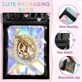 100 Pieces Smell Proof Mylar Bags, Holographic Packaging Bags, Resealable Odor Foil Pouch Zipper Bag with Clear Window for Food Storage and Lipgloss, Jewelry Lash (Black, 4 x 6 Inch)