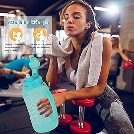 Collapsible Water Bottles, 2L/64OZ travel water bottle Bottle with Straw, Half Gallon Large Water Bottle for Travel Outdoor Sports Runing Fitness Yoga (Upgraded Snow Cyan)