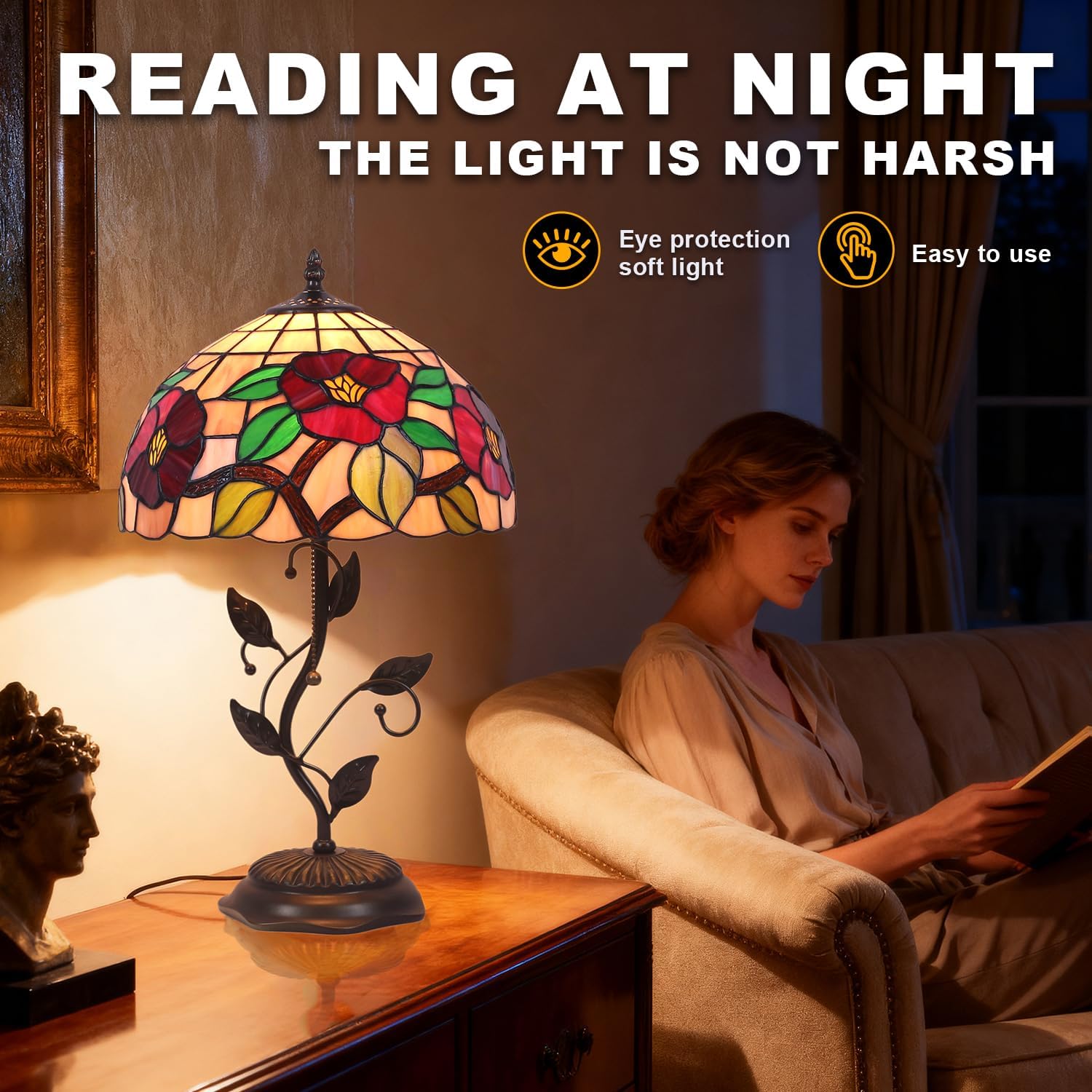 Tiffany Table Lamp, Stained Glass Lamp, 12x12x19 Inch, Metal Leaf Base Decor Lamp for Bedroom、Living Room、Home、Office (Crabapple Flower)
