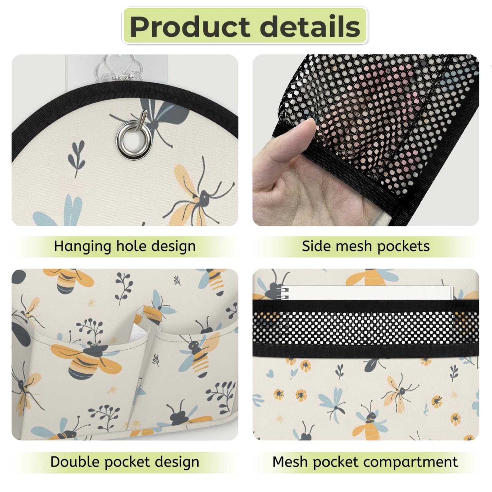 Ape Honey, confezione da 2 organizer da appendere alla parete, con tasca portaoggetti in tessuto, cesto portaoggetti per cucina, bagno, organizer