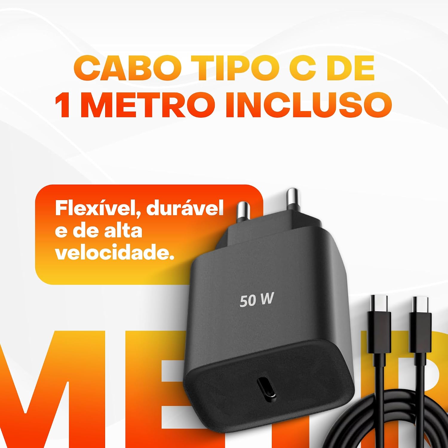 Carregador Super Turbo 50W Ultra Rápido USB-C E Cabo USB Tipo C de 1m - Compatível com Celulares Samsung Motorola iPhone 15 Tablets e Notebooks – Homologado Anatel Alta Performance e Segurança