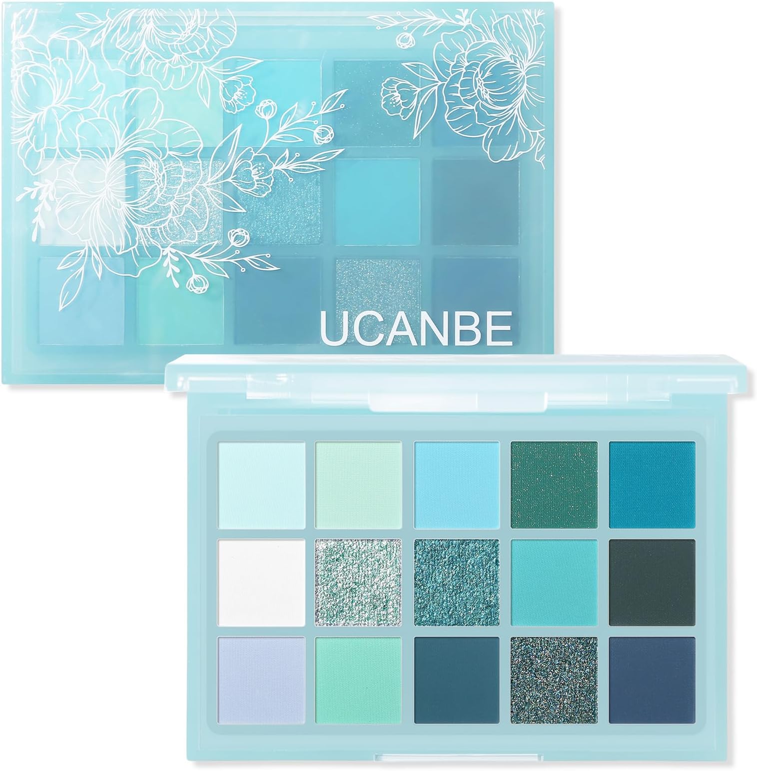 UCANBE 15 Color Eyeshadow Palette – Shimmer Matte Glitter Metallic Cool Tones Shades in White, Blue, Green, Mint, Teal, Navy – High Pigemented Blendable Eye Makeup Palette Kit