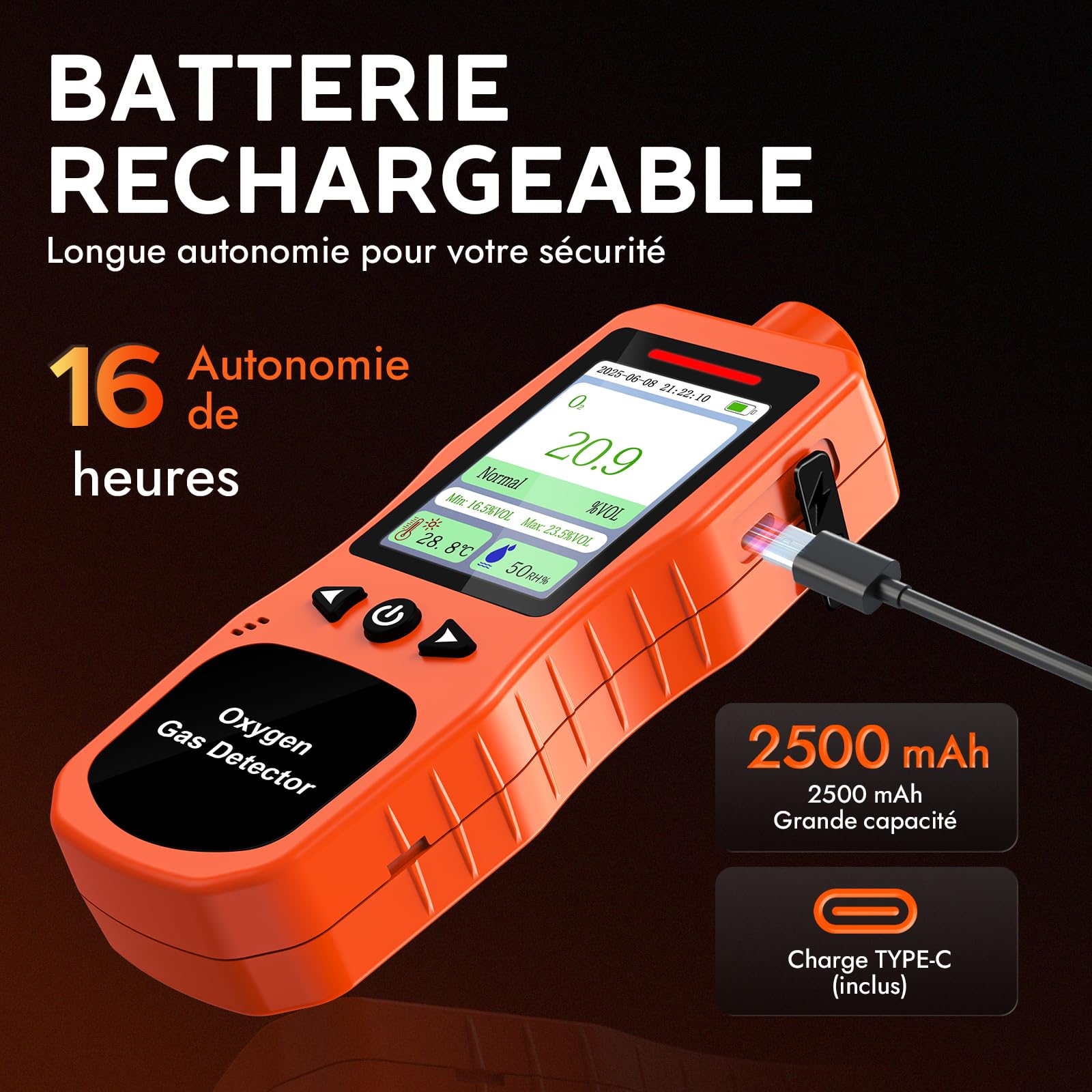 Détecteur d’Oxygène Portatif, Moniteur O2 Rechargeable avec Alarmes Sonores, Lumineuses et Vibrantes, Analyseur de Qualité de l’Air Oxygène Mesurant la Température et l’Humidité