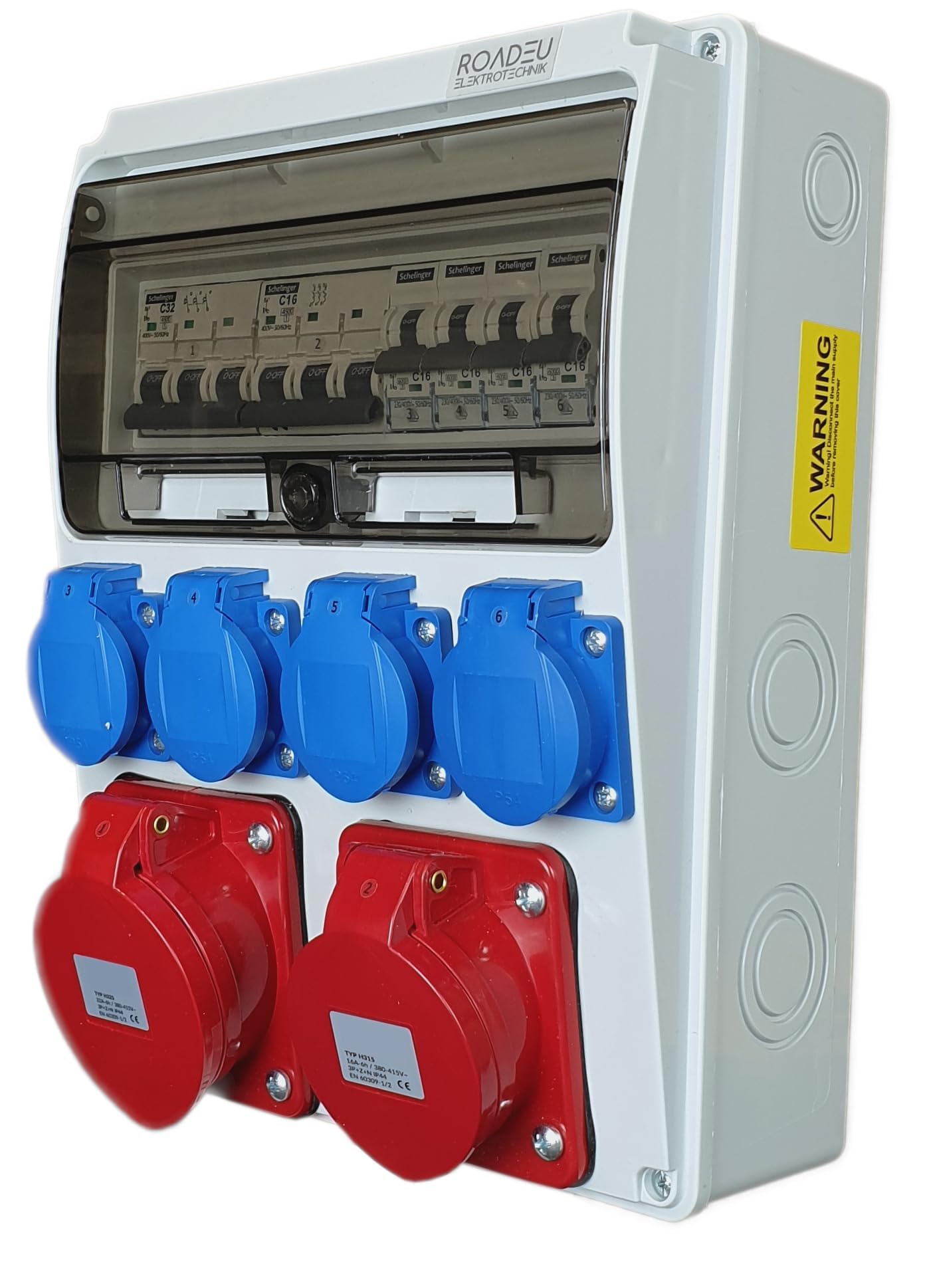 RoadEu - Distribuidor de corriente 16A 5P y 32A 5P, con 4 tomas Schuko de 230V y magnetotérmicos. Distribuidor de obra con protección IP44. Cuadro Eléctrico Ideal para talleres, cobertizos o jardines.