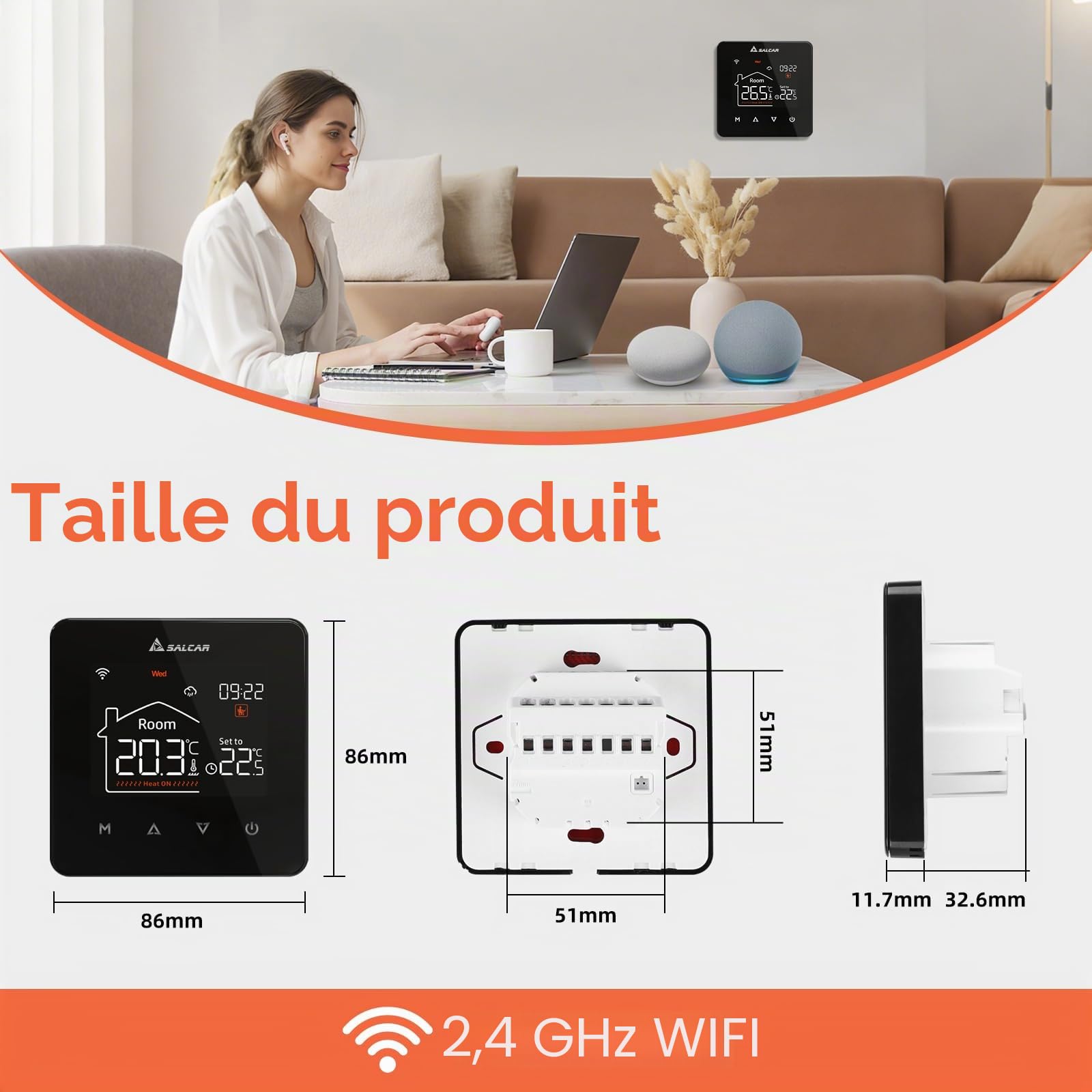 SALCAR Thermostat WiFi Intelligent pour Chauffage au Sol - LCD programmable - Thermostat d'ambiance - Chauffe-Eau Wi-FI - Chauffage numérique - Compatible avec Alex Google Home 3A
