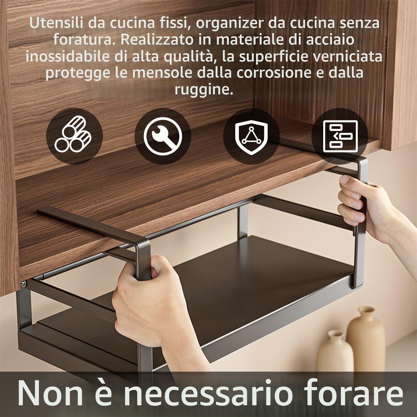 Mensola Sospesa Da Cucina, Mensola Regolabile Cestello Sottopensile In Metallo Portaspezie Estensibile In Larghezza 24-45cm Libreria Sospesa Per Sottopensile Da Cucina