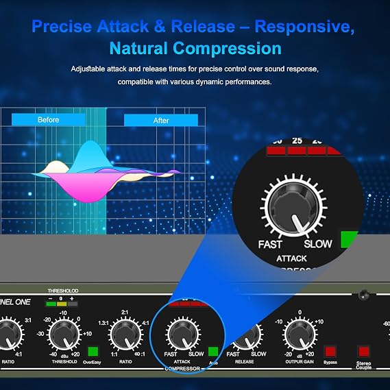 Audio Compressor, Professional Dual-Channel Black Dynamic Processor with Noise Gate & Sidechain Insert for Studio, Live & Streaming 1U Rackmount, XLR/TRS Inputs