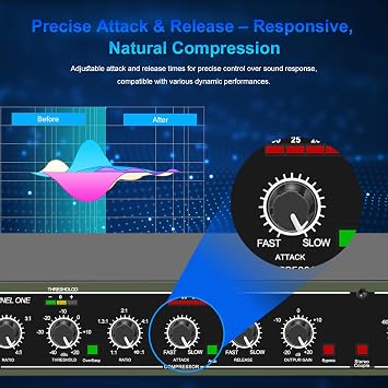 Audio Compressor, Professional Dual-Channel Black Dynamic Processor with Noise Gate & Sidechain Insert for Studio, Live & Streaming 1U Rackmount, XLR/TRS Inputs