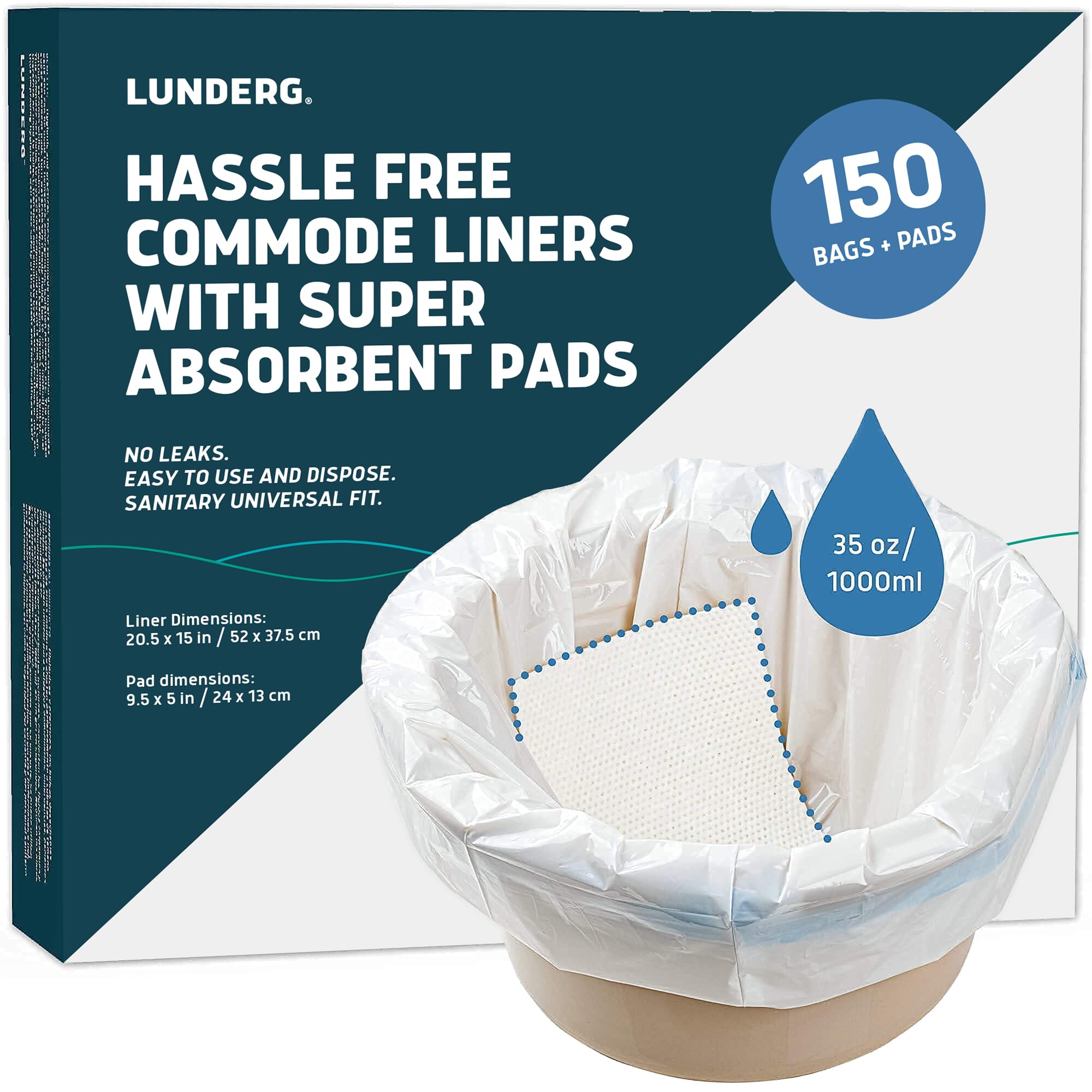 Lunderg Commode Liners with Absorbent Pads - Value Pack Medical Grade 150 Count Universal Fit - Disposable Bedside Commode Liners & Pads for Adult Chairs, Portable Potty Buckets & Camping Toilet Bags