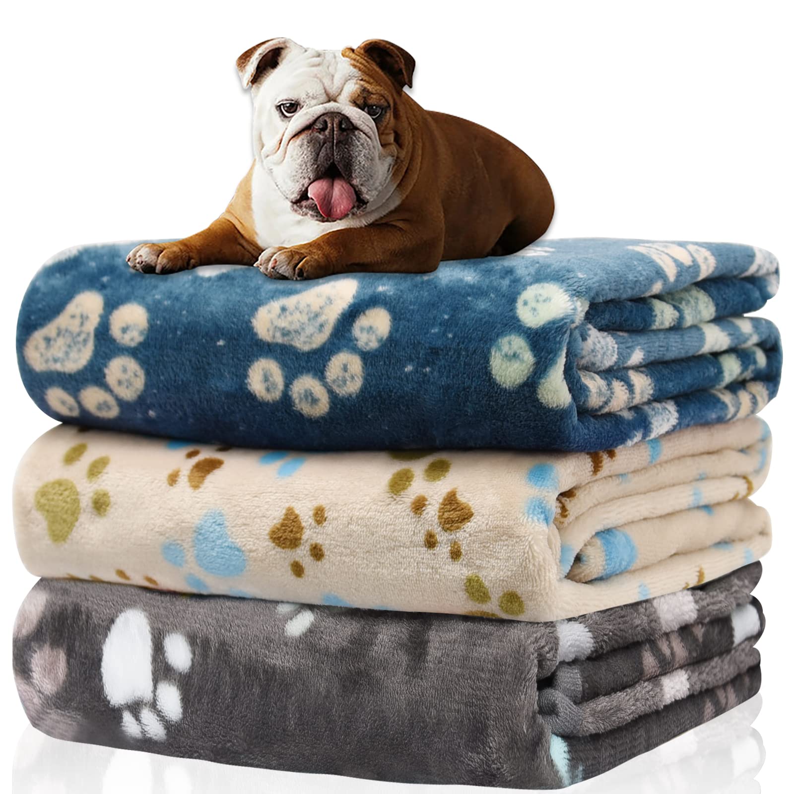 Photo 1 of 1 Pack 3 Blankets for Dogs, Dog Blankets for Medium Dog Blanket Super Soft Fluffy Premium Fleece Pet Blanket Flannel Throw for Dog Puppy Cat Paw Blanket(30x20inch) Gray/Blue/Beige(pack of 3) Medium,30x20Inch