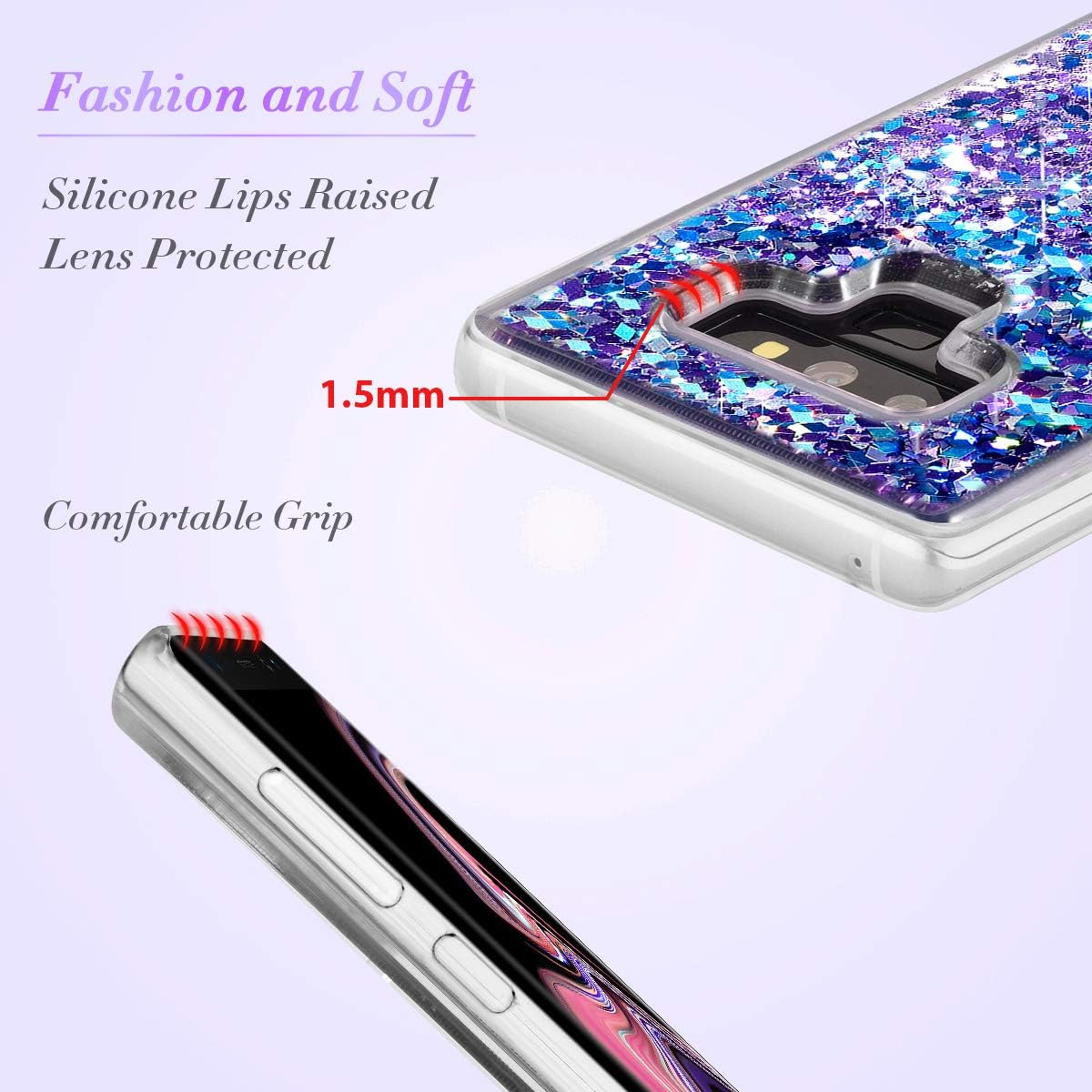 Caka Galaxy Note 9 Case, Galaxy Note 9 Glitter Case Liquid Series Sparkle Fashion Bling Luxury Flowing Liquid Floating Glitter Soft TPU Clear Case for Samsung Galaxy Note 9 (Blue Purple)