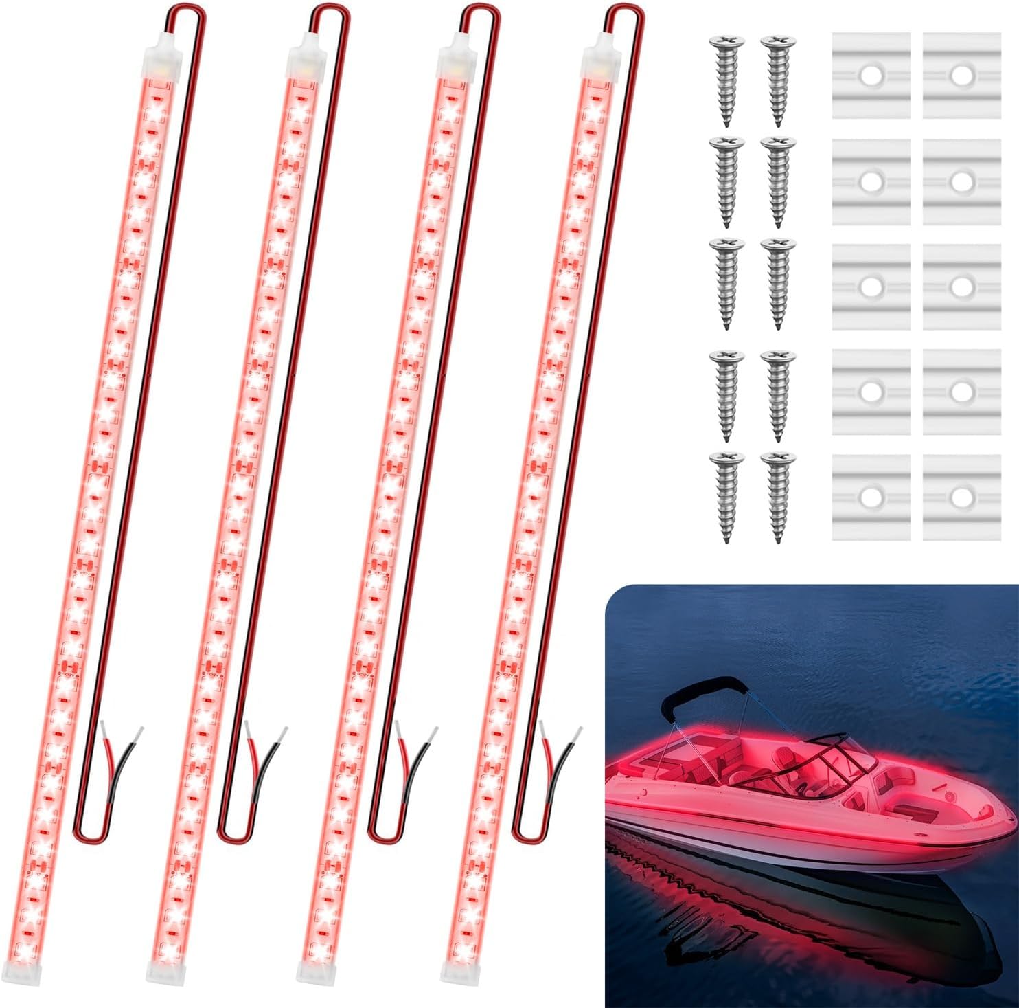 Boat Marine Submersible Led Strip Lights, 4 Pcs 20 Inches 12V Super Bright Boat Interior Lights, IP68 Waterproof Marine Led Strip Lights Night Fishing Lights for Boats, Kayak (Red)