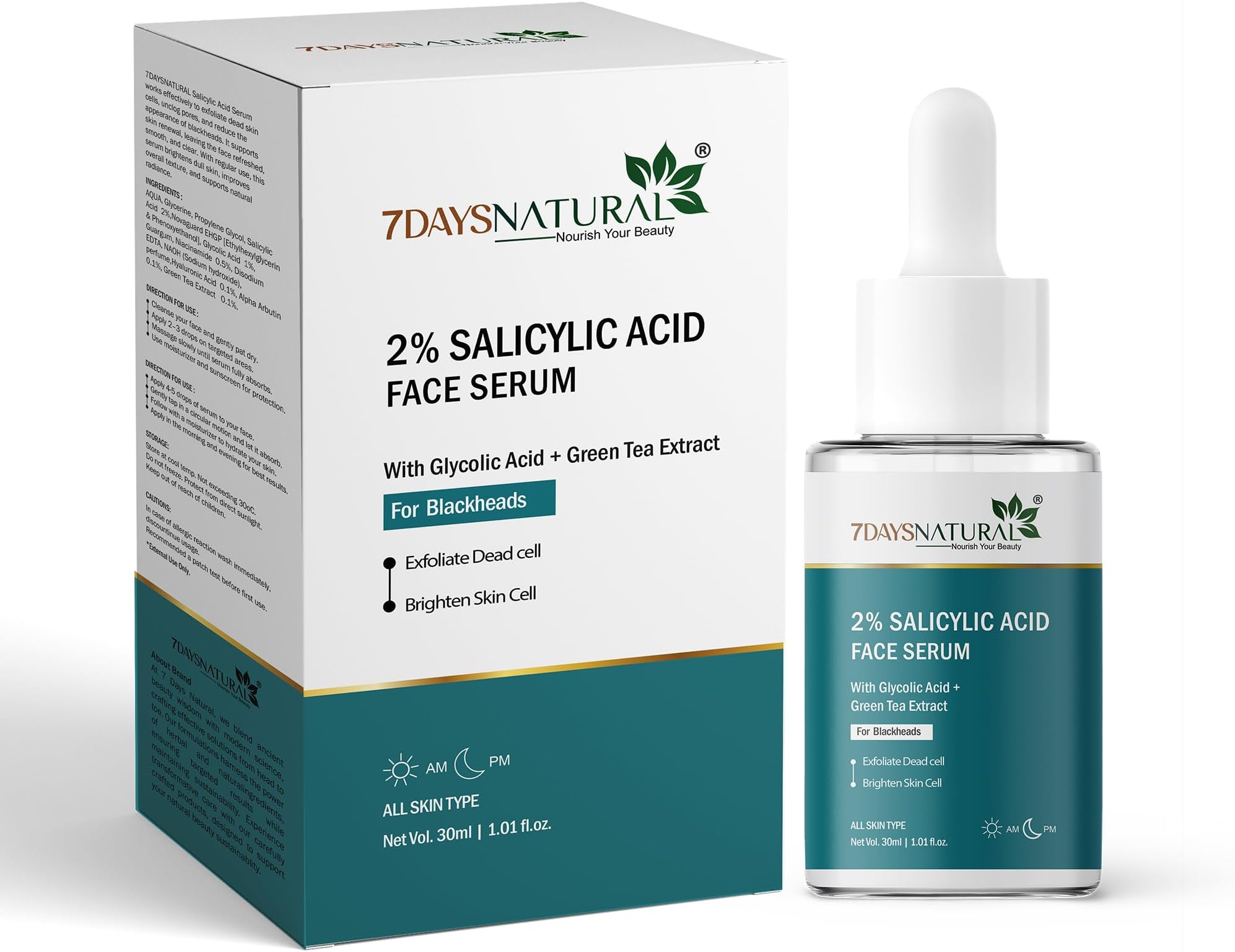 7DAYSNATURAL Salicylic Acid Face Serum | Reduces acne & blackheads | Tightens pores | Exfoliates & soothes inflammation | 30 ml