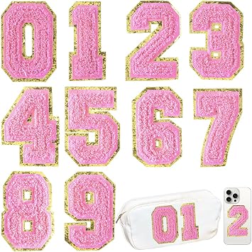 Chenille Number Patches Set 0-9 Pink Iron On Varsity Applique for Jackets Bags Hats and DIY Decoration 3 Inch 10 Pcs