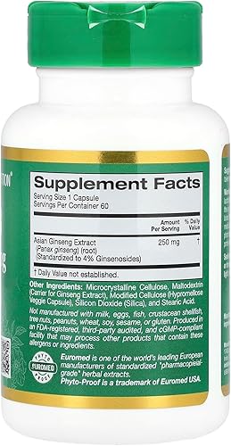 Miniatura 2 de California Gold Nutrition EuroHerbs, Extracto de Panax Ginseng, calidad Euromed, 250 mg, 60 cápsulas vegetales