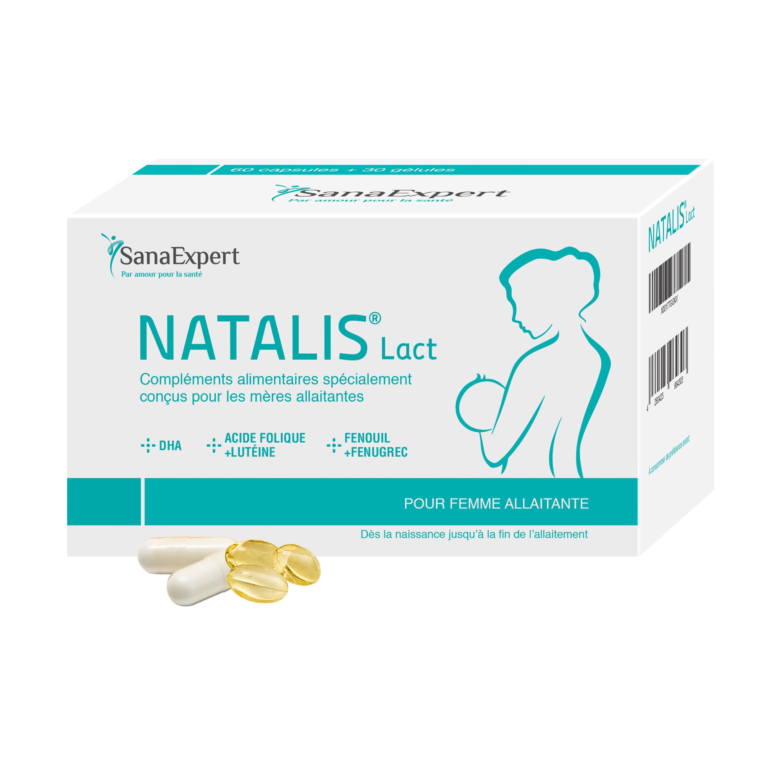 SanaExpert Natalis Lact Complément Allaitement et Post Partum, Vitamines avec Acide Folique, DHA Oméga 3, Fenouil, Fenugrec, Biotine, Vitamines D, A, B et Minéraux pour Lactation, 90 Capsules