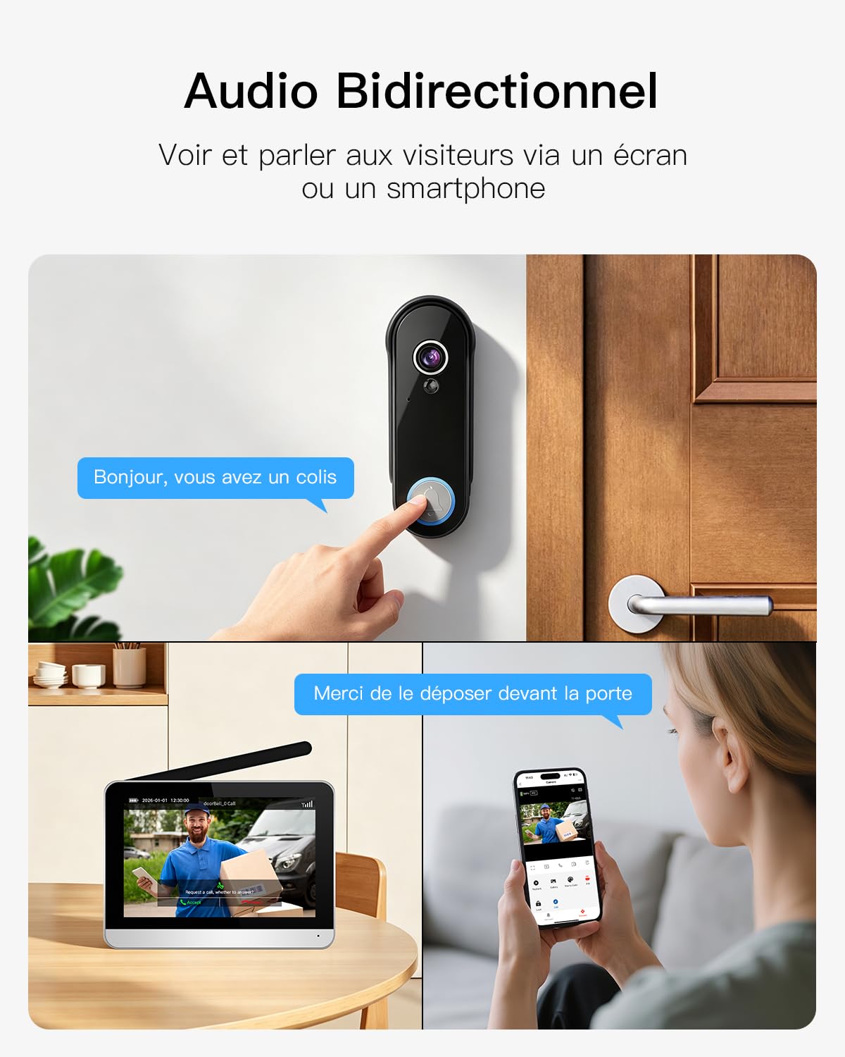 XPJ Interphone Vidéo Sonnette Sans Fil avec Camera et 7" Ecran Moniteur Visiophone Portier Connectée WiFi 1080P, Détection de Mouvement, Vision Nocturne, Audio Bidirectionnel, Stockage Local, Tuya APP
