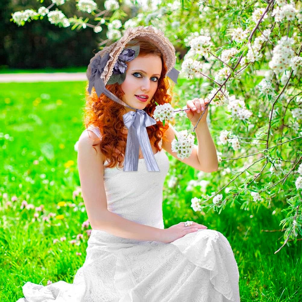 Girls Women Victorian Lolita Flat Bonnet Cap Tea Party Sun Hat Lace Bows Flower Ribbons Straw Hats - Image 3