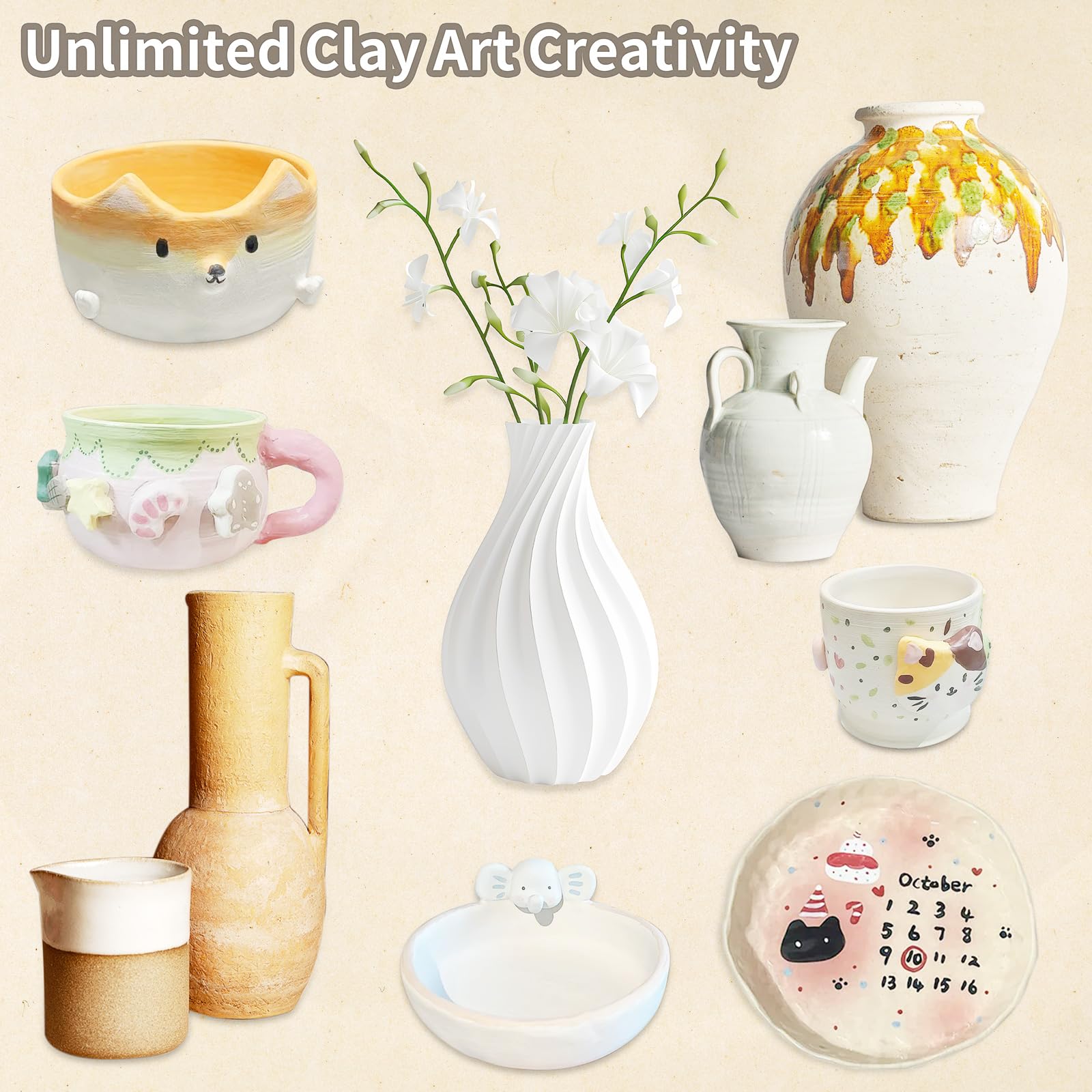 JelyArt Töpferset für Anfänger Lufttrocknender Ton Selbsttrocknender Ton für zuhause - Lufttrocknend DIY Set für Erwachsene Keramik Kreativset Tonset ohne Brennen Geschenke Bastelset (Clay Set)