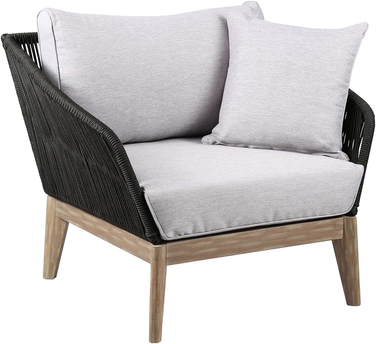 armen LIVING Athos Indoor Outdoor Club Chair in Light Eucalyptus Wood with Latte Rope and Grey Cushions