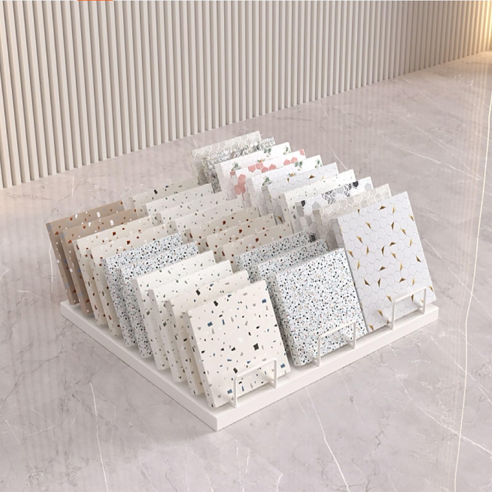 YNBSHGAA Metal Tile Display Rack for Porcelain & Samples - Desktop Stand for Showrooms, Exhibits & Stores - Holder for Building Material Showcase,White
