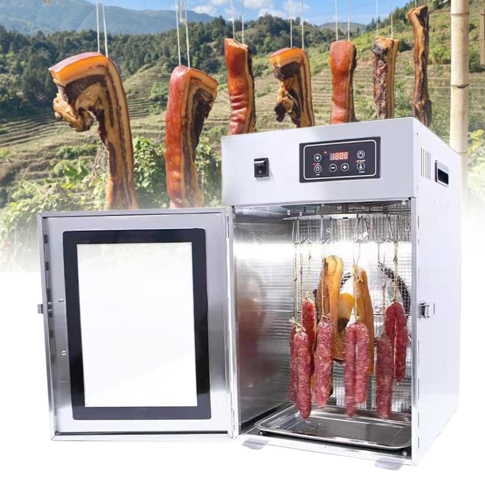 SENJINGHUA 800W/1000W Stainless Steel Food Dehydrator, Fast Drying Cabinet with LED Display, 14/30 Hanging Hooks, 86-194℉ Control for Biltong, Meat, Vegetable & Fruit 1000W