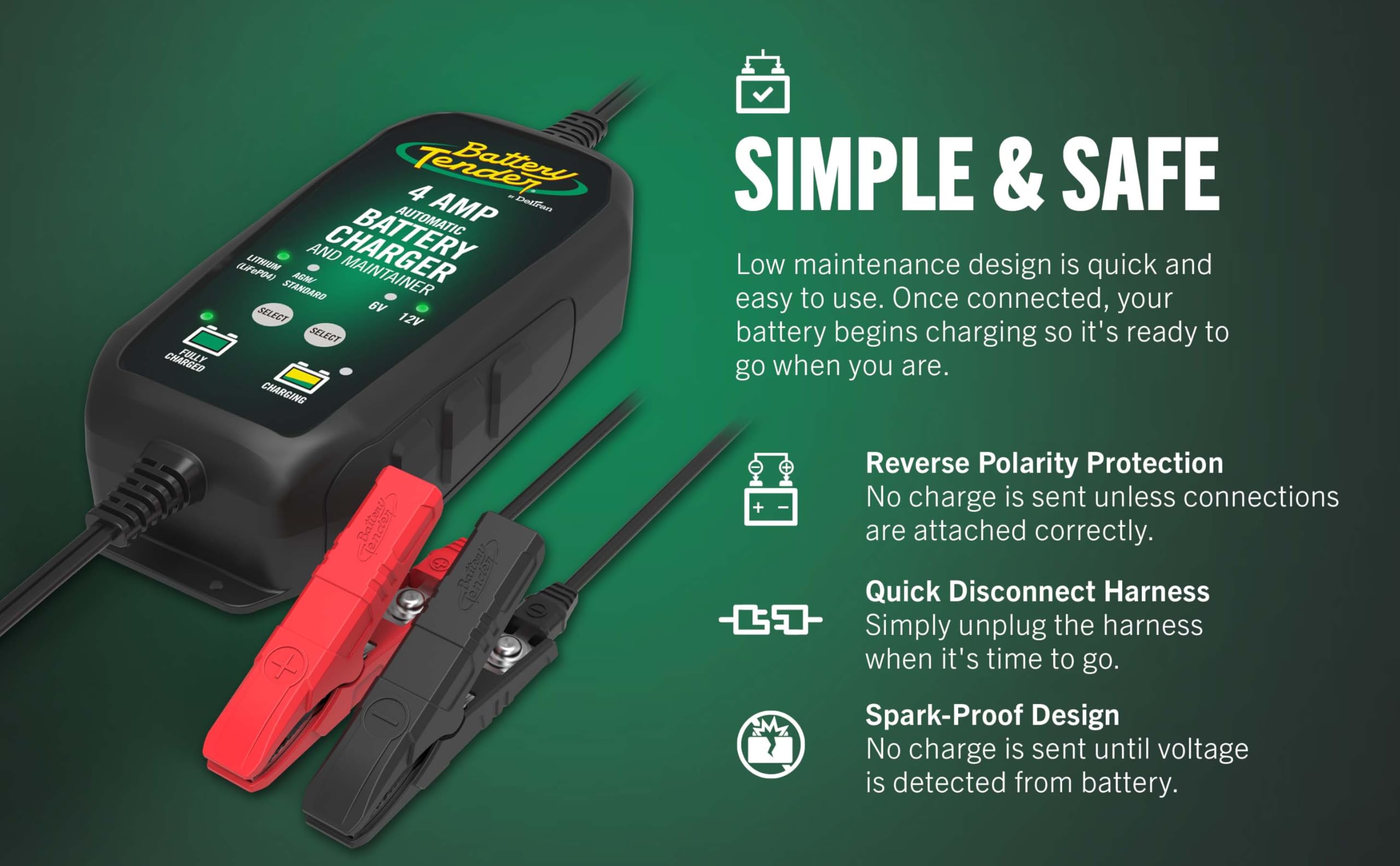 Battery Tender 4 AMP Car Battery Charger and Maintainer: Switchable 6V / 12V, Automotive Battery Charger and Maintainer for Cars, Trucks, and SUVs, Lead Acid & Lithium Battery Charger - 022-0209-BT-WH