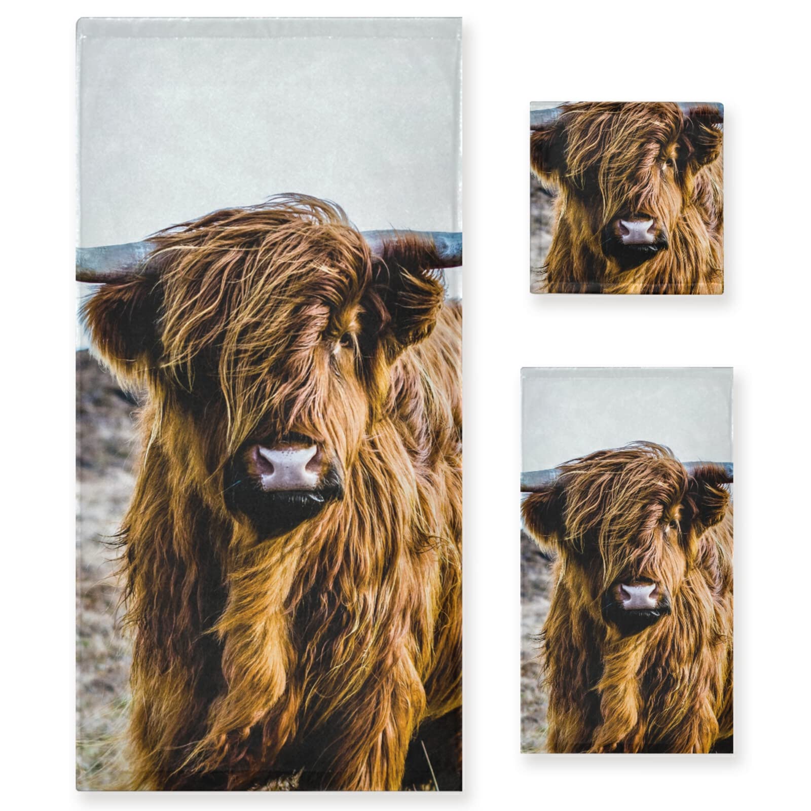 Poeticcity Multi 9 Earth-Yellow Scottish Highland Cow Vintage Style Set Of 3 Highly Soft Absorbent Cotton Towels, 1 Bath Towel, 1 Hand Towel, 1 Face Washcloth For Spa Bathroom Hotel Kitchen Gym