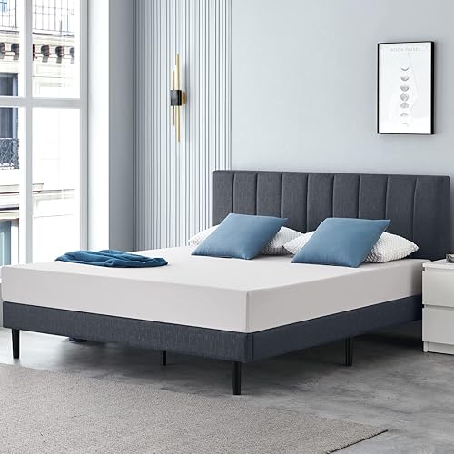 Molblly Full Bed Frame Upholstered Platform with Headboard and Strong Wooden Slats, Strong Weight Capacity, Non-Slip and Noise-Free,No Box Spring Needed, Easy Assembly,Dark Gray.